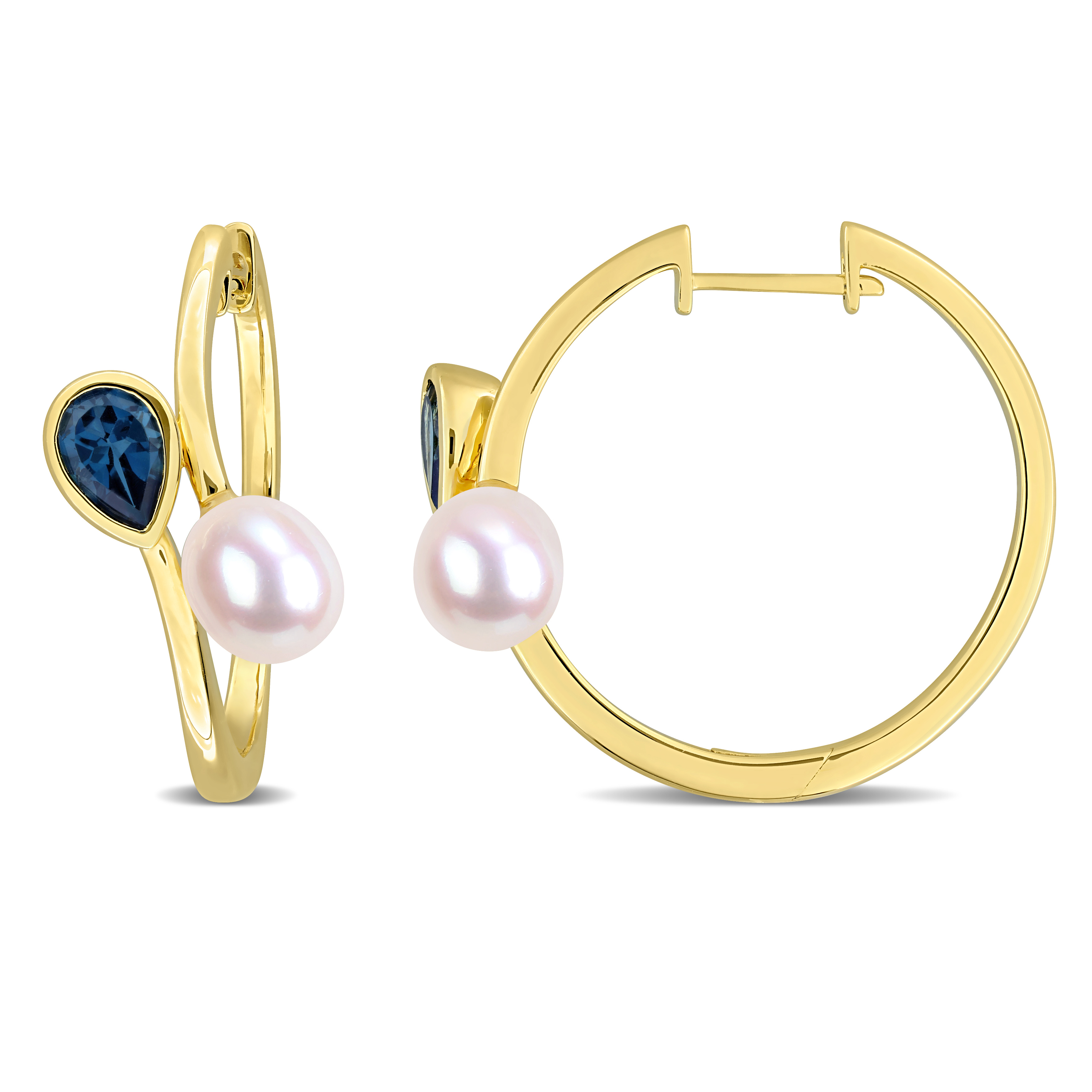 7-7.5mm Cultured Freshwater Pearl and 7/8ct TGW London Blue Topaz Bypass Hoop Earrings in Yellow Plated Sterling Silver