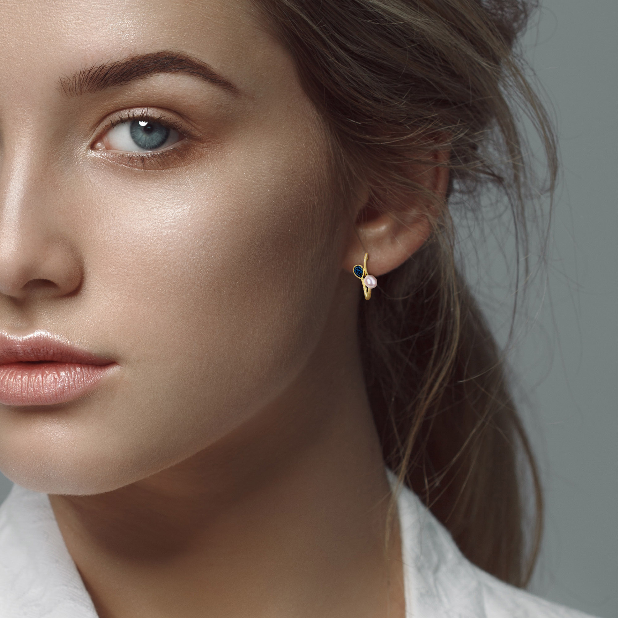7-7.5mm Cultured Freshwater Pearl and 7/8ct TGW London Blue Topaz Bypass Hoop Earrings in Yellow Plated Sterling Silver
