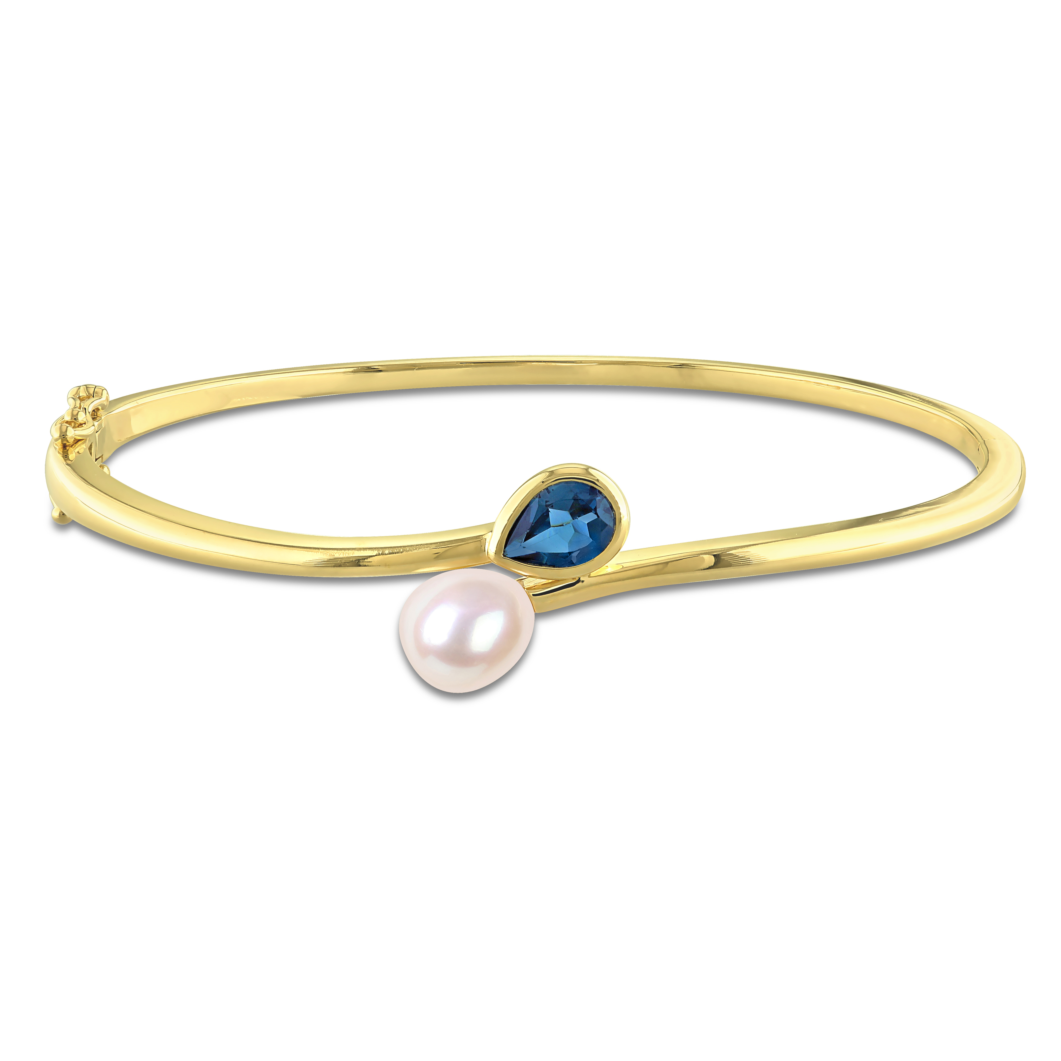 7-7.5mm Cultured Freshwater Pearl and 7/8ct TGW London Blue Topaz Bangle in Yellow Plated Sterling Silver - 6.5 in