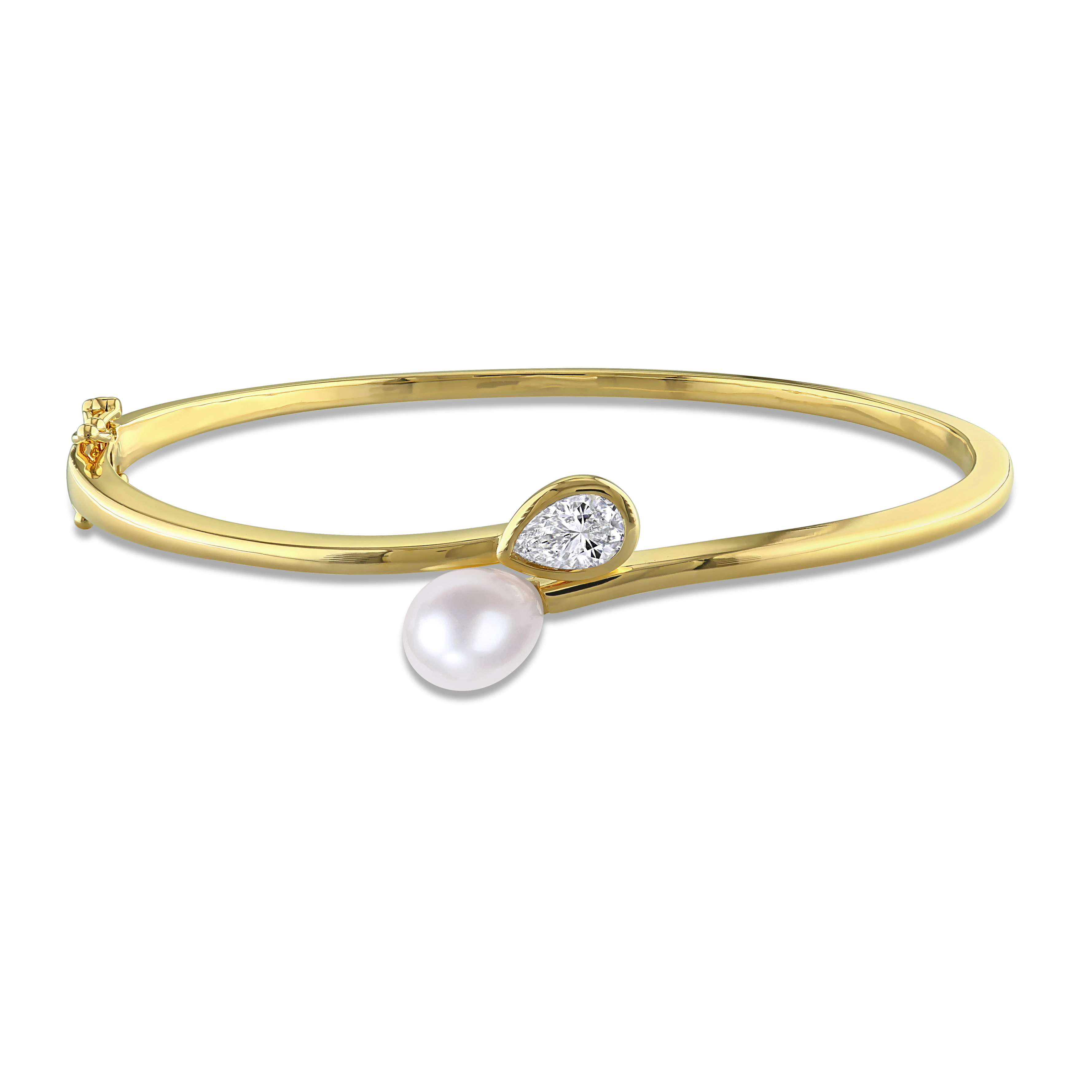 7-7.5mm Cultured Freshwater Pearl and 3/4ct TW Lab-Grown Diamond Bangle in Yellow Plated Sterling Silver - 6.5 in