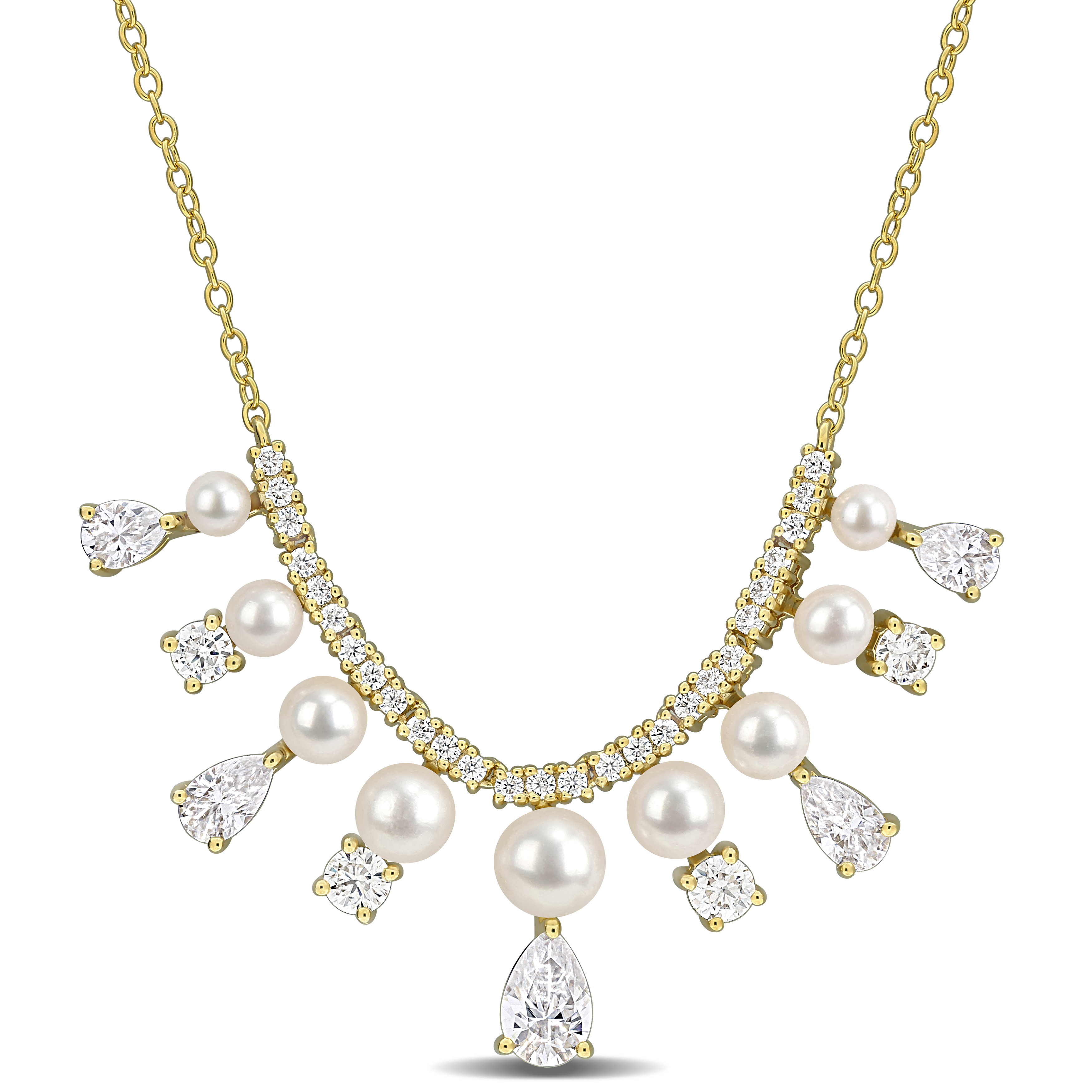 2.5-5mm Cultured Freshwater Pearl and 2ct DEW Created Moissanite Necklace in Yellow Plated Sterling Silver - 17 in