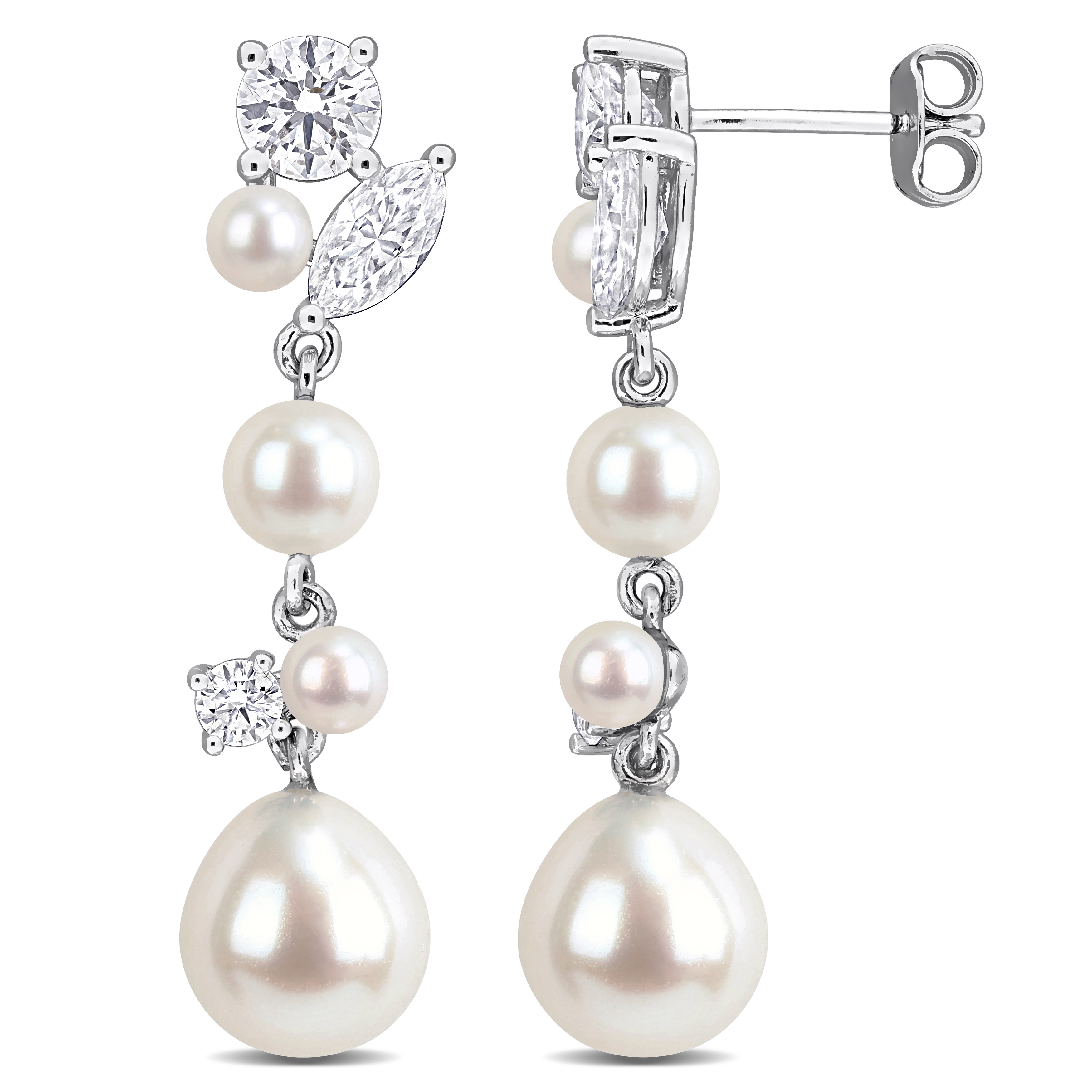 3.5-9mm Cultured Freshwater Pearl and 1 3/4ct DEW Created Moissanite Drop Earrings in Sterling Silver