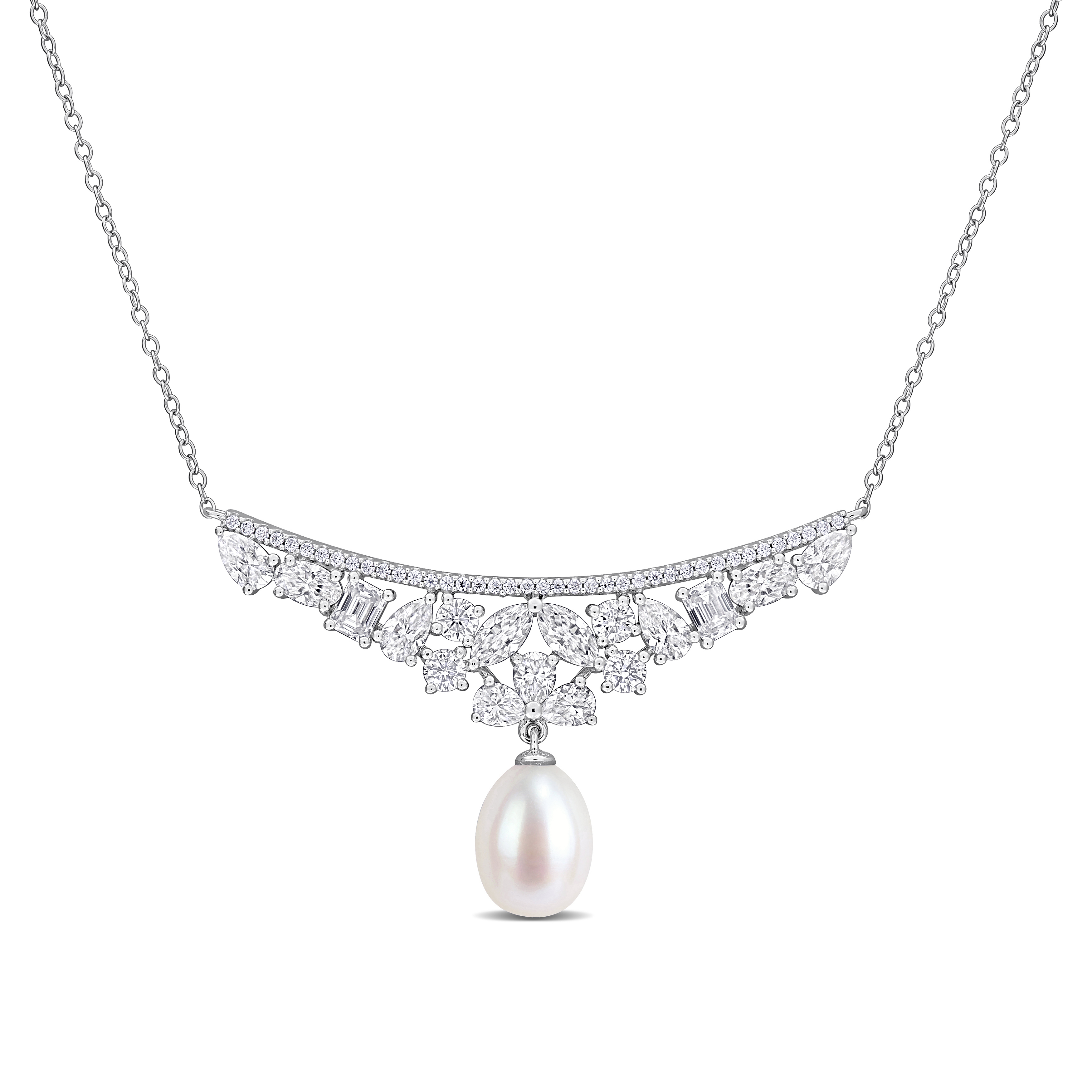 8-8.5mm Cultured Freshwater Pearl and 3 3/4ct DEW Created Moissanite Drop Necklace in Sterling Silver - 17 in