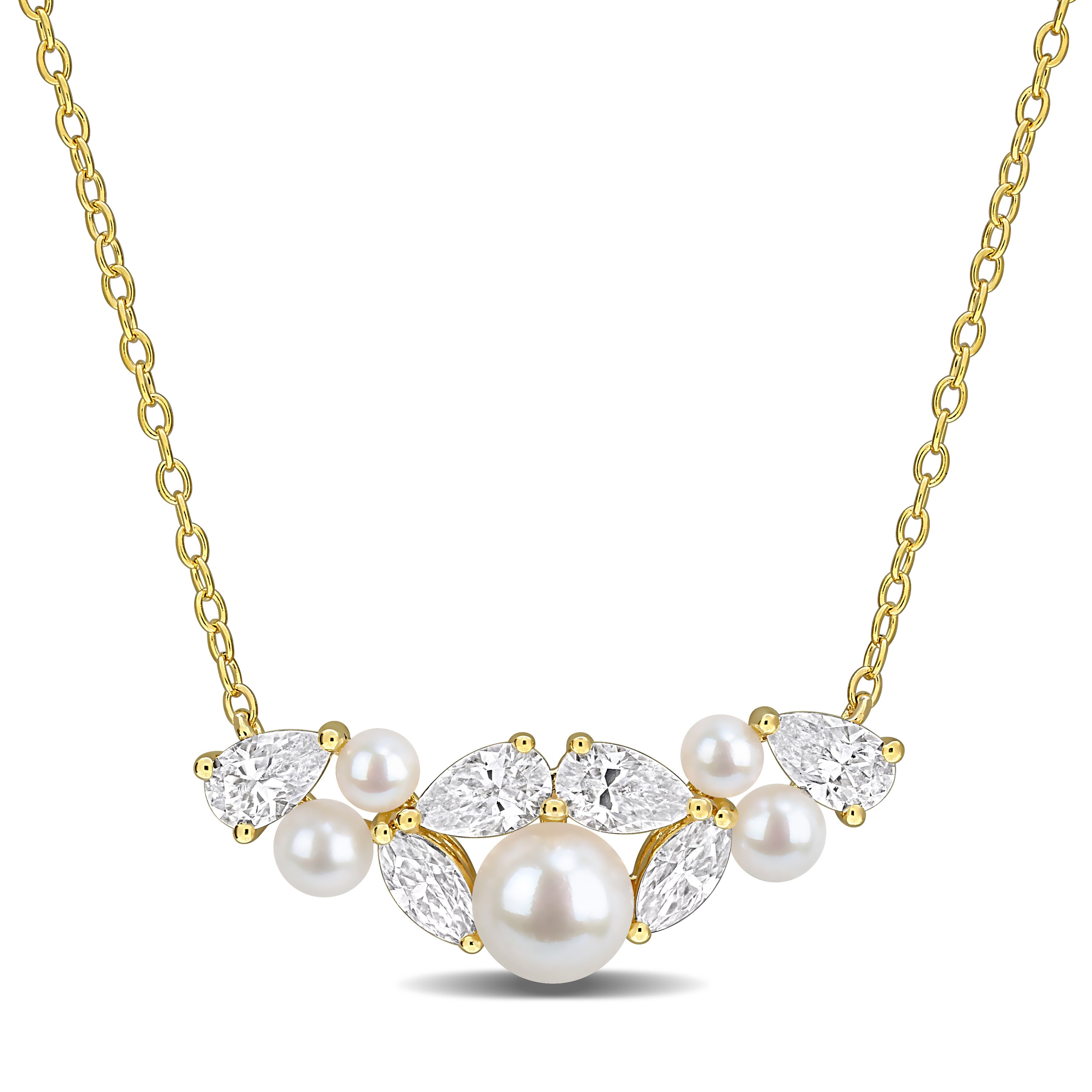 2.5-3.5mm Cultured Freshwater Pearl and 1 1/3ct DEW Created Moissanite Cluster Necklace in Yellow Plated Sterling Silver - 17 in