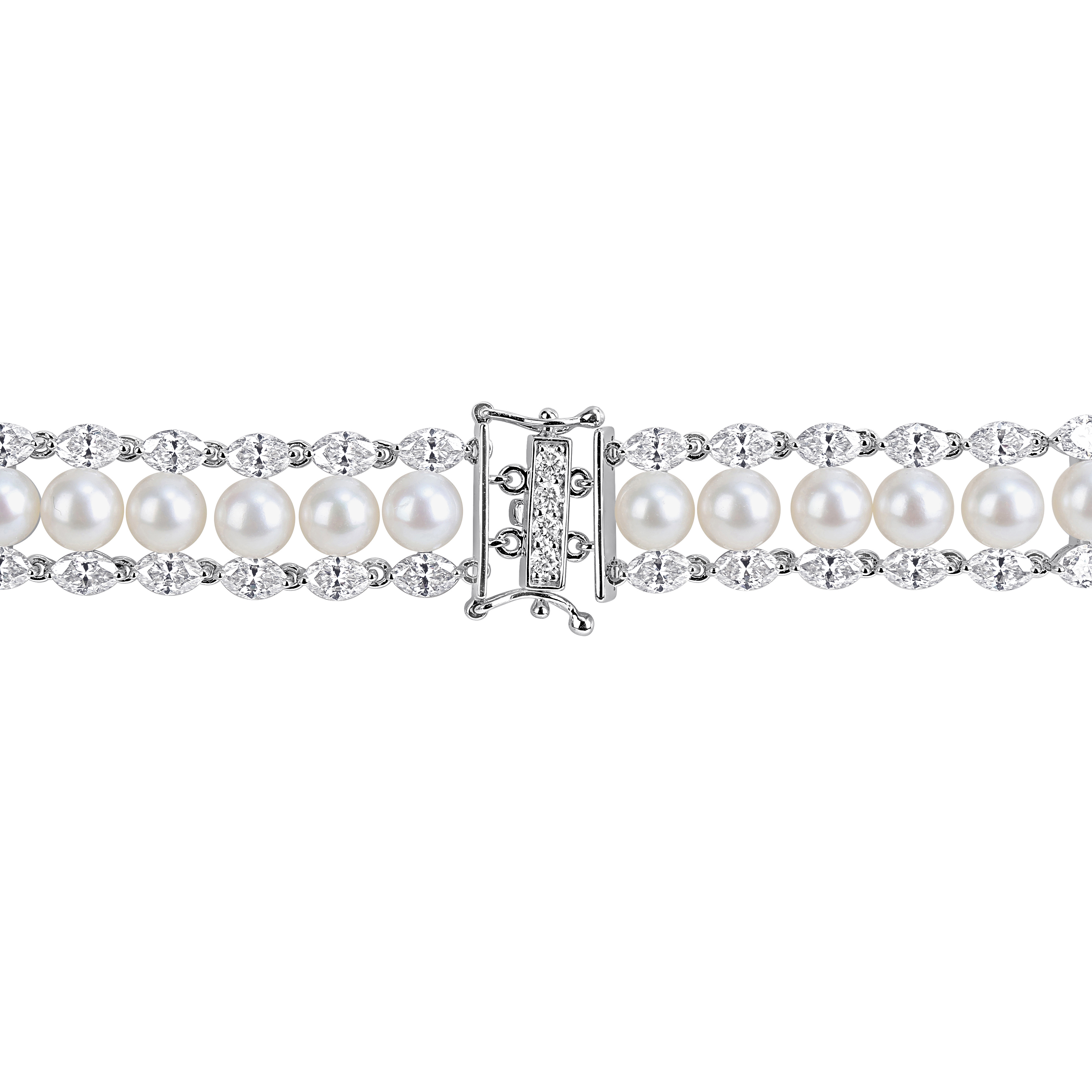 5.5-6mm Cultured Freshwater Pearl and 12 1/7ct DEW Created Moissanite Multi-Row Bracelet in Sterling Silver - 7.5 in