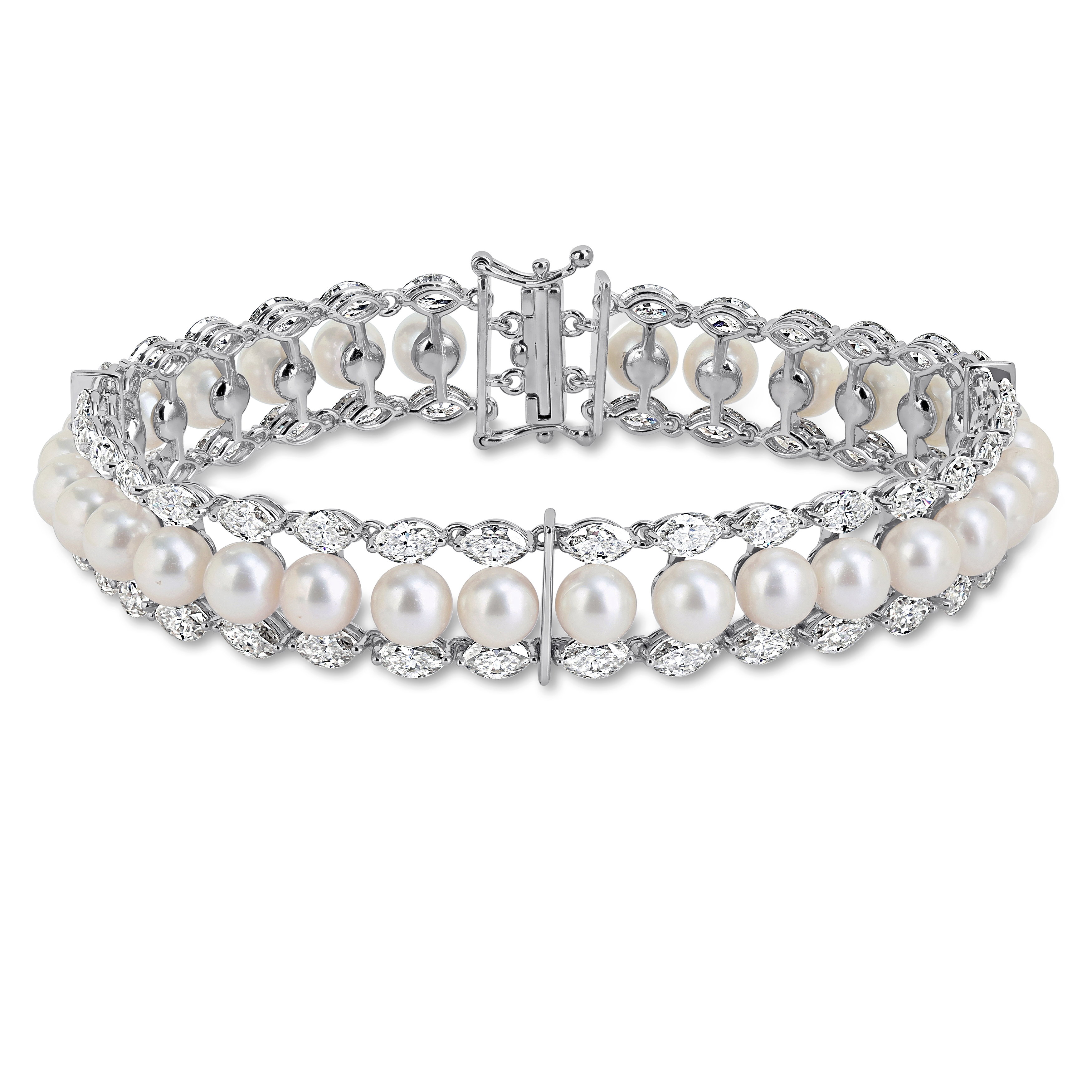 5.5-6mm Cultured Freshwater Pearl and 12 1/7ct DEW Created Moissanite Multi-Row Bracelet in Sterling Silver - 7.5 in