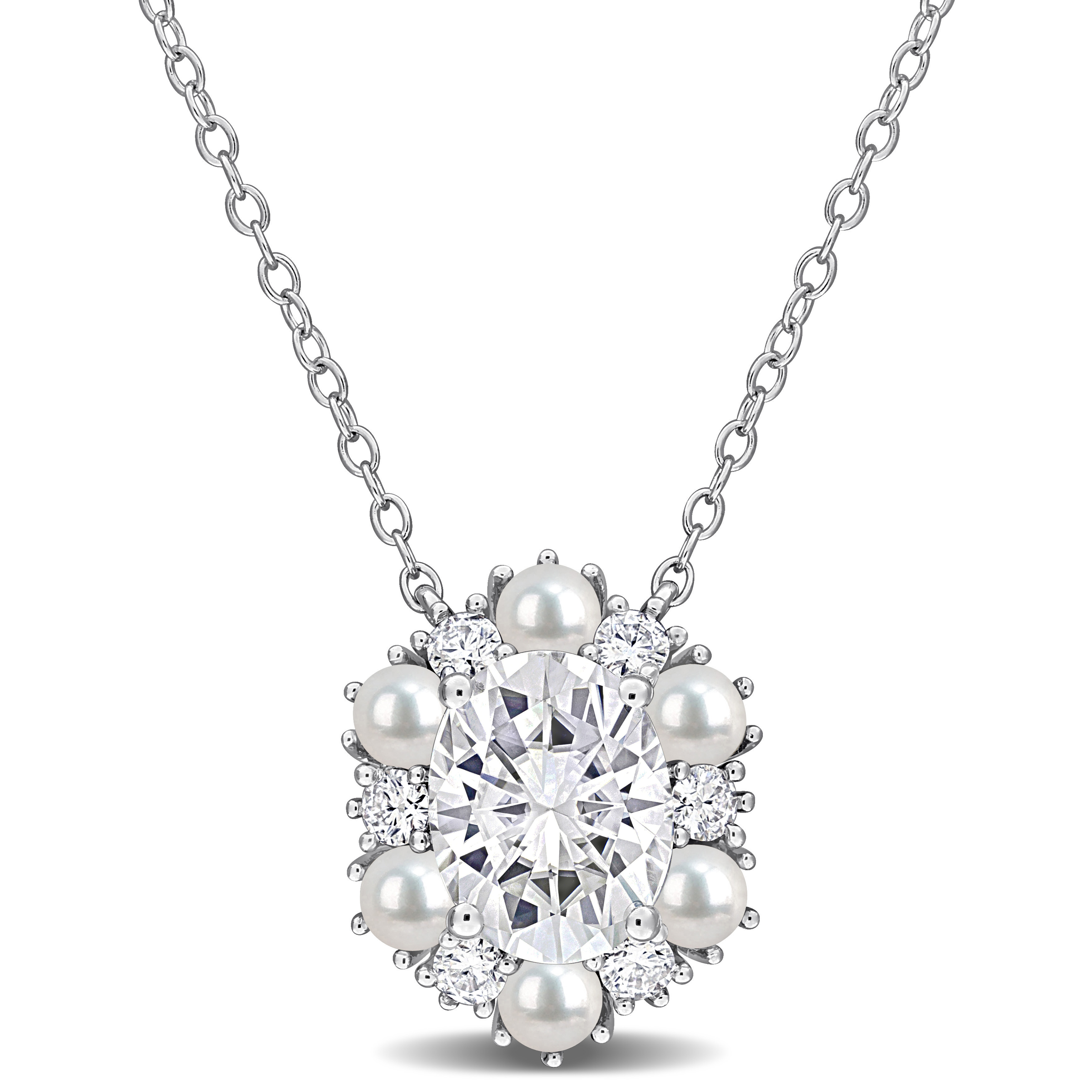 3-3.5mm Cultured Freshwater Pearl and 2 1/4ct DEW Created Moissanite Floral Pendant with Chain in Sterling Silver - 17 in