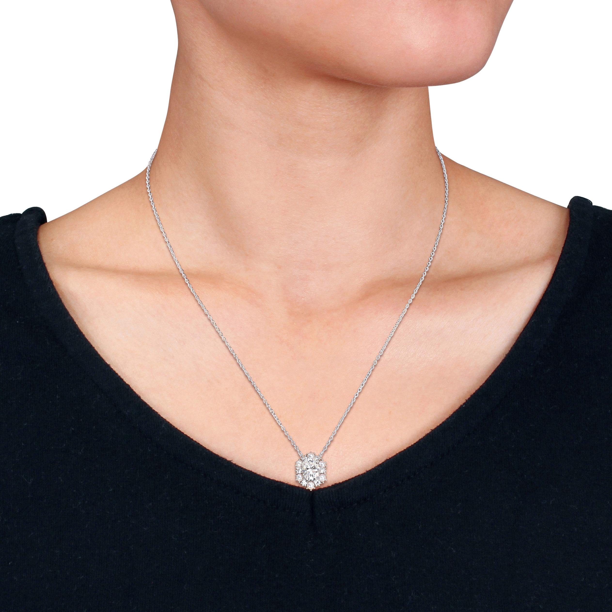 2-3.5mm Cultured Freshwater Pearl and 4 1/2ct DEW Created Moissanite Floral Pendant with Chain and Earrings Set in Sterling Silver - 17 in