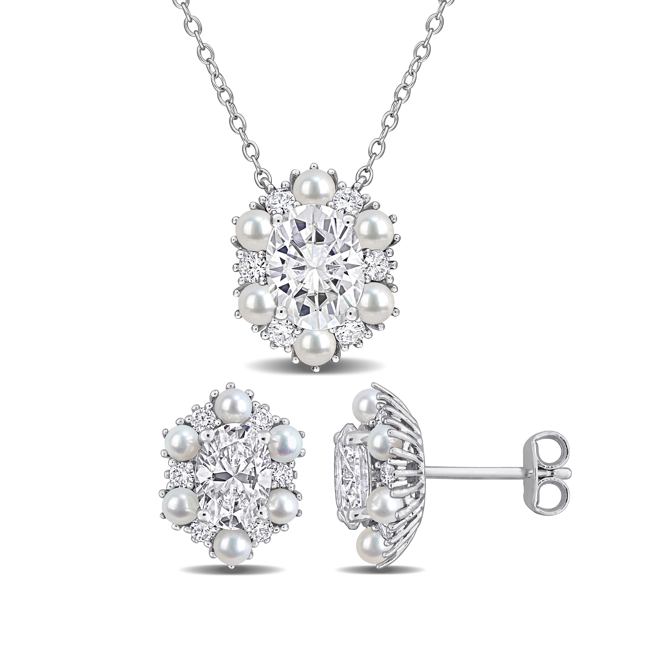 2-3.5mm Cultured Freshwater Pearl and 4 1/2ct DEW Created Moissanite Floral Pendant with Chain and Earrings Set in Sterling Silver - 17 in