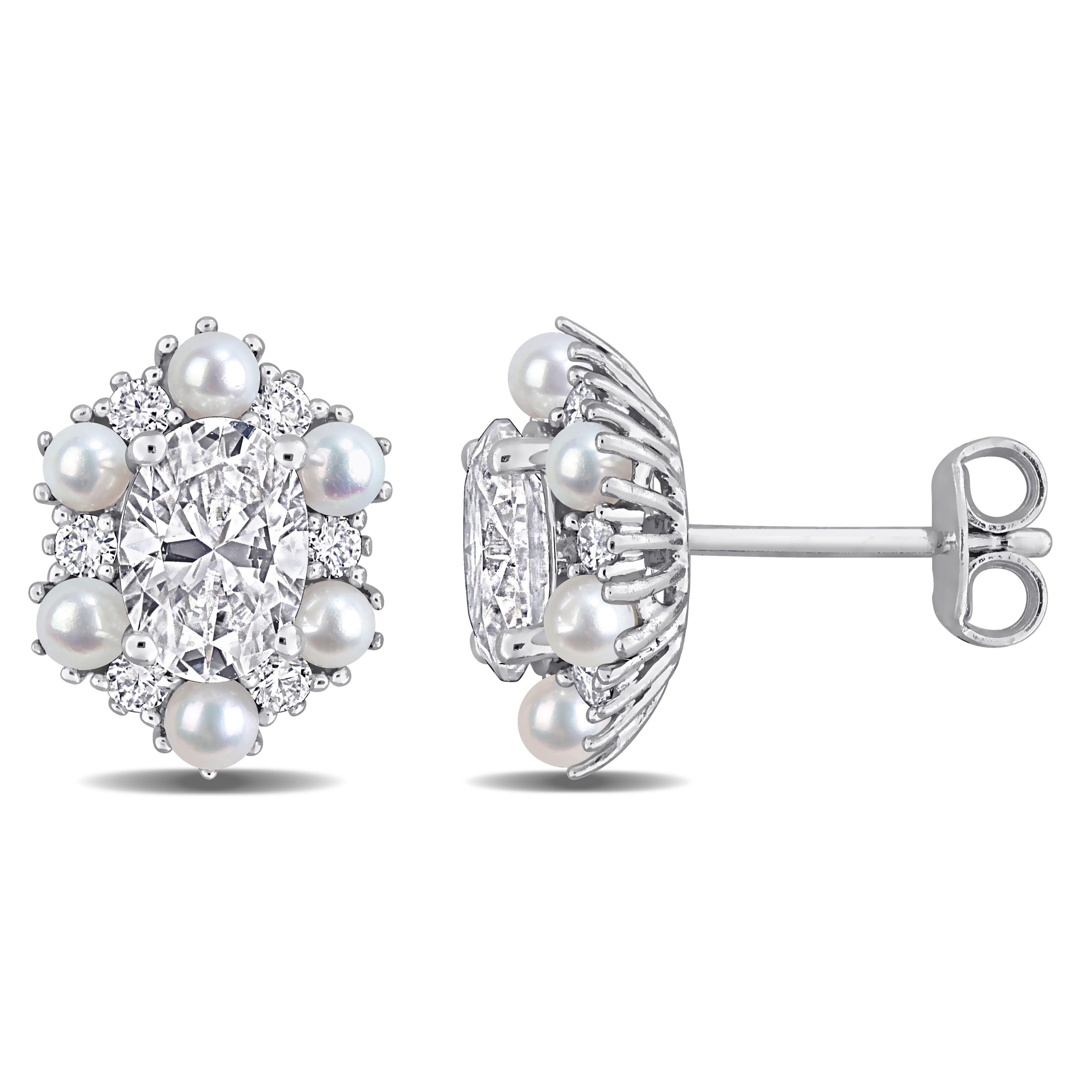 2-2.5mm Cultured Freshwater Pearl and 2 1/4ct DEW Created Moissanite Floral Stud Earrings in Sterling Silver