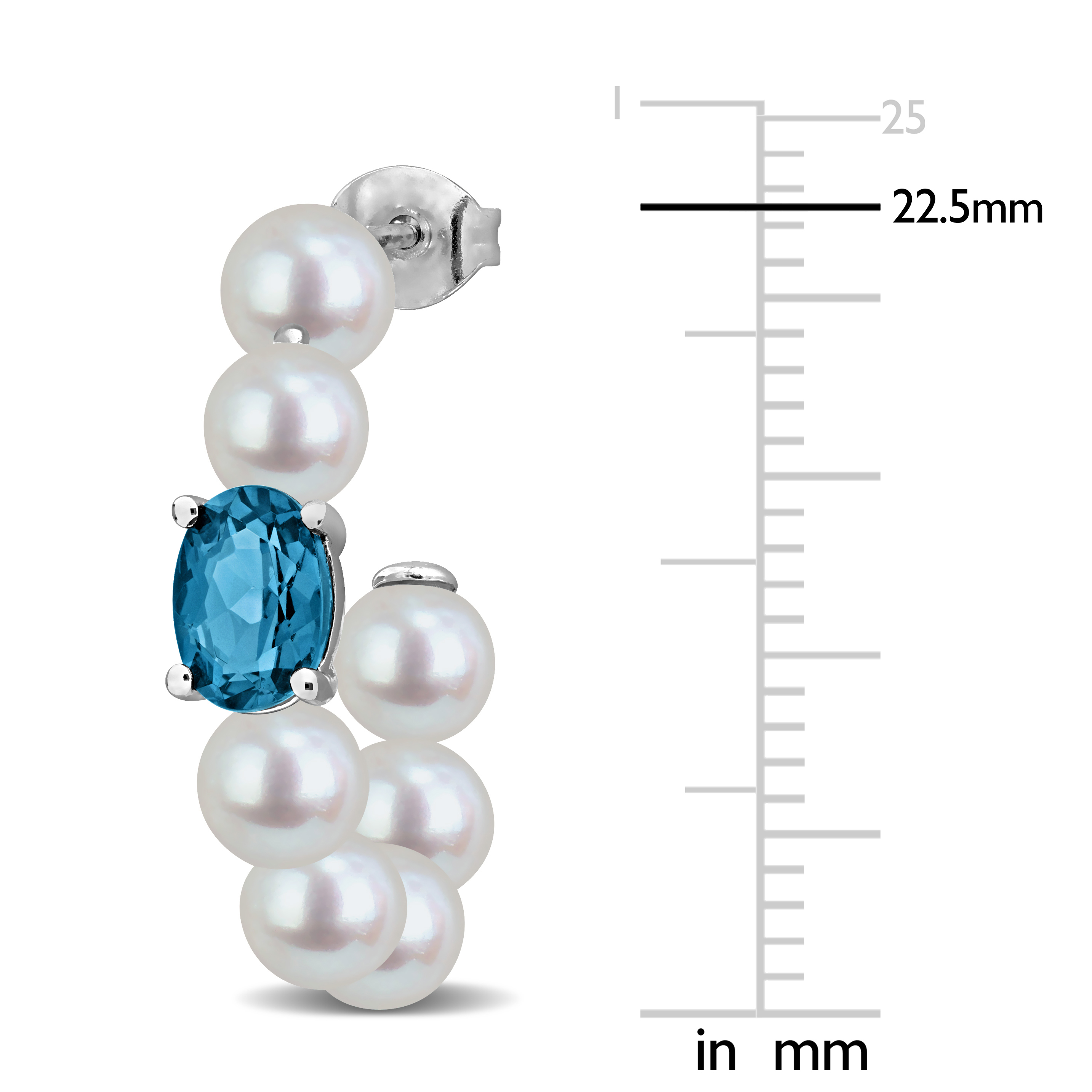 5-5.5mm Cultured Freshwater Pearl and 1 7/8ct TGW London Blue Topaz C-Hoop Earrings in Sterling Silver