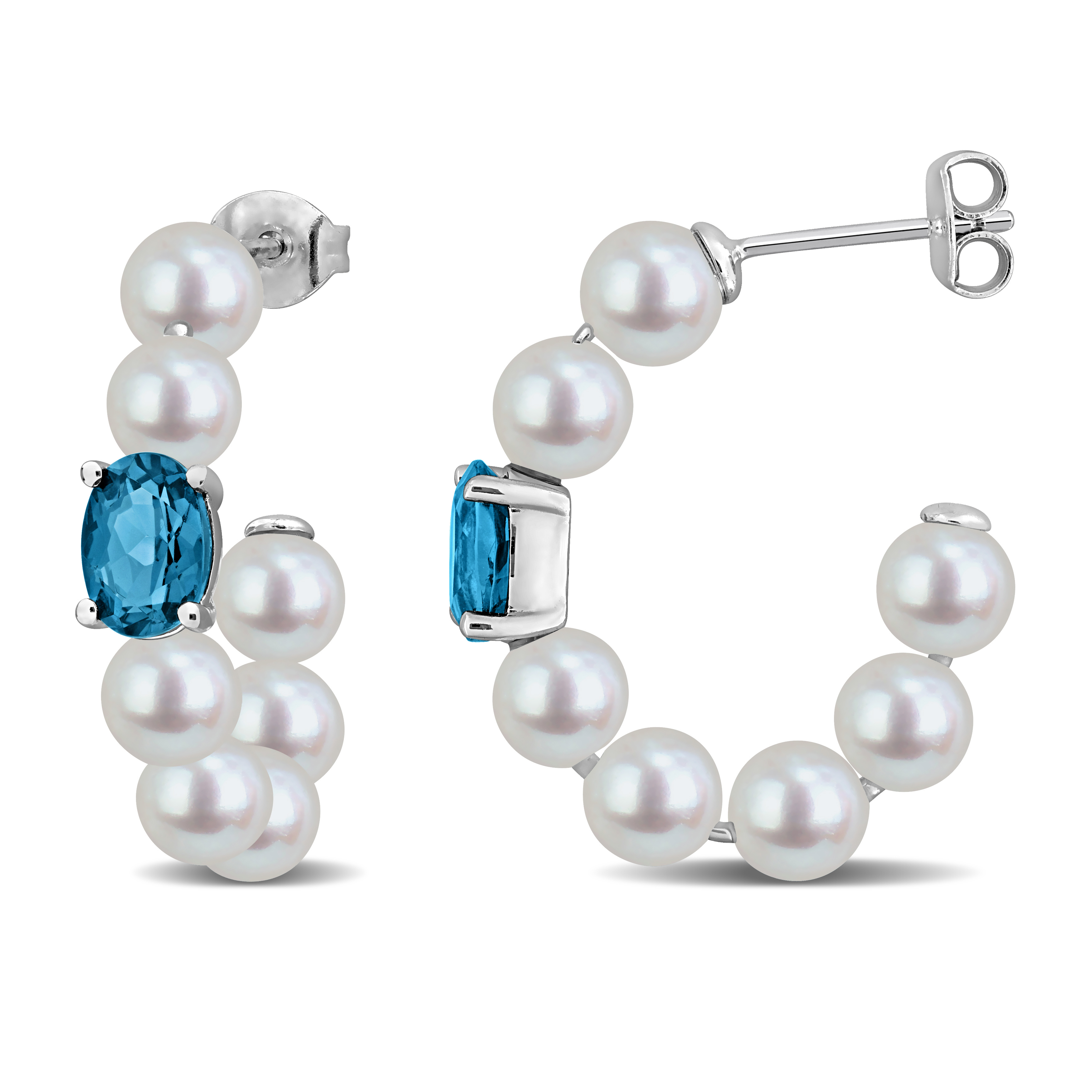 5-5.5mm Cultured Freshwater Pearl and 1 7/8ct TGW London Blue Topaz C-Hoop Earrings in Sterling Silver