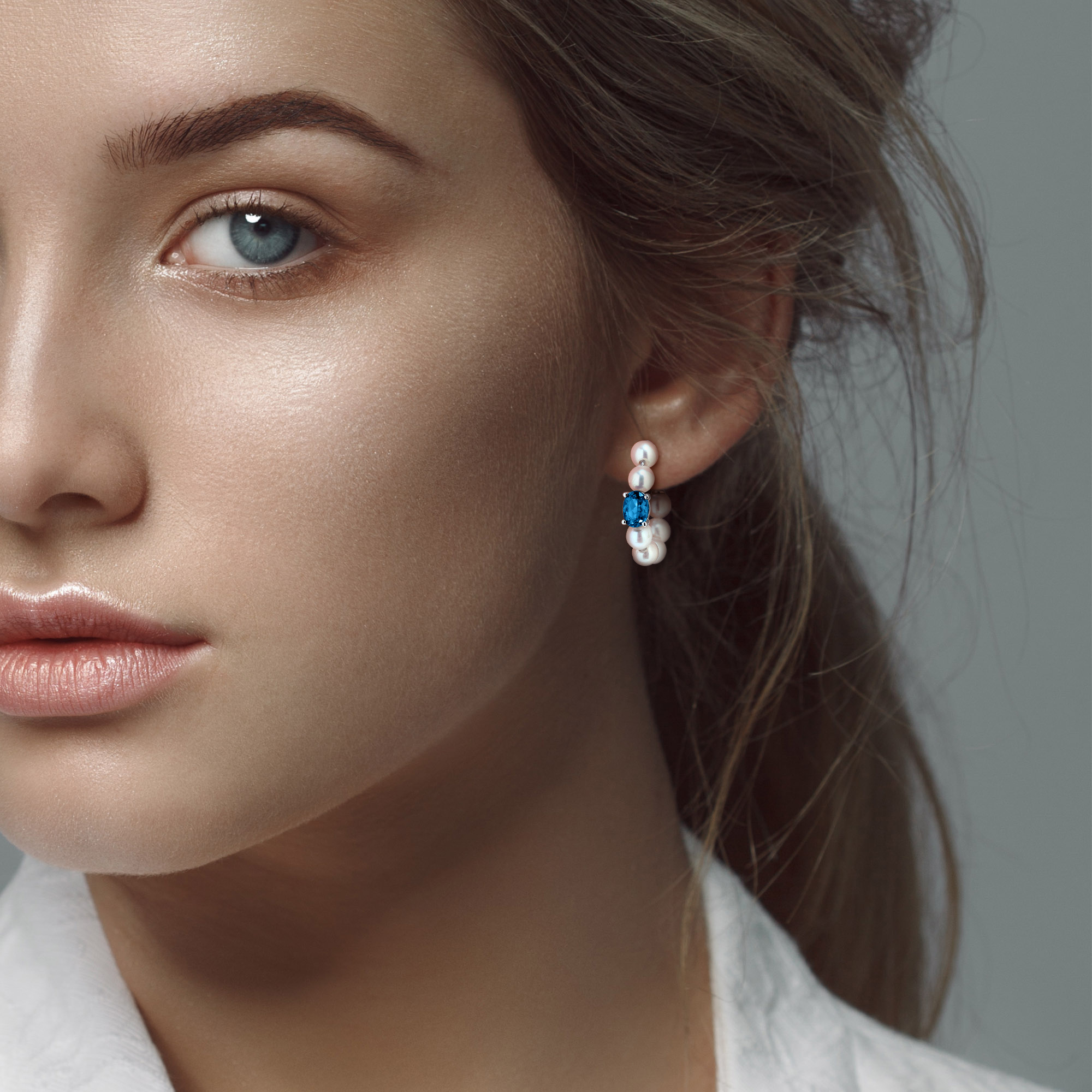 5-5.5mm Cultured Freshwater Pearl and 1 7/8ct TGW London Blue Topaz C-Hoop Earrings in Sterling Silver