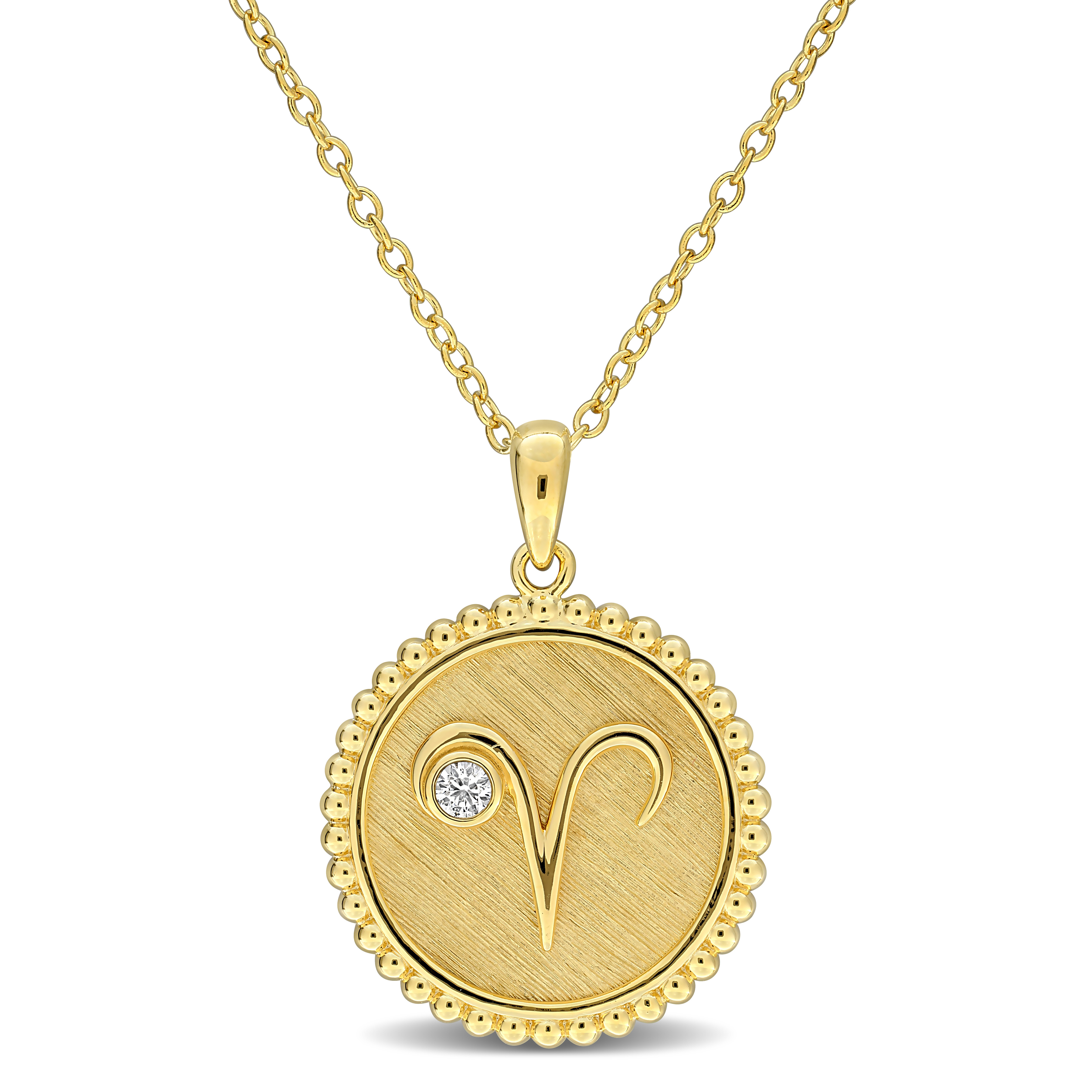 1/6ct TGW Created White Sapphire Aries Zodiac Sign Pendant with Chain in Yellow Plated Sterling Silver - 18 in