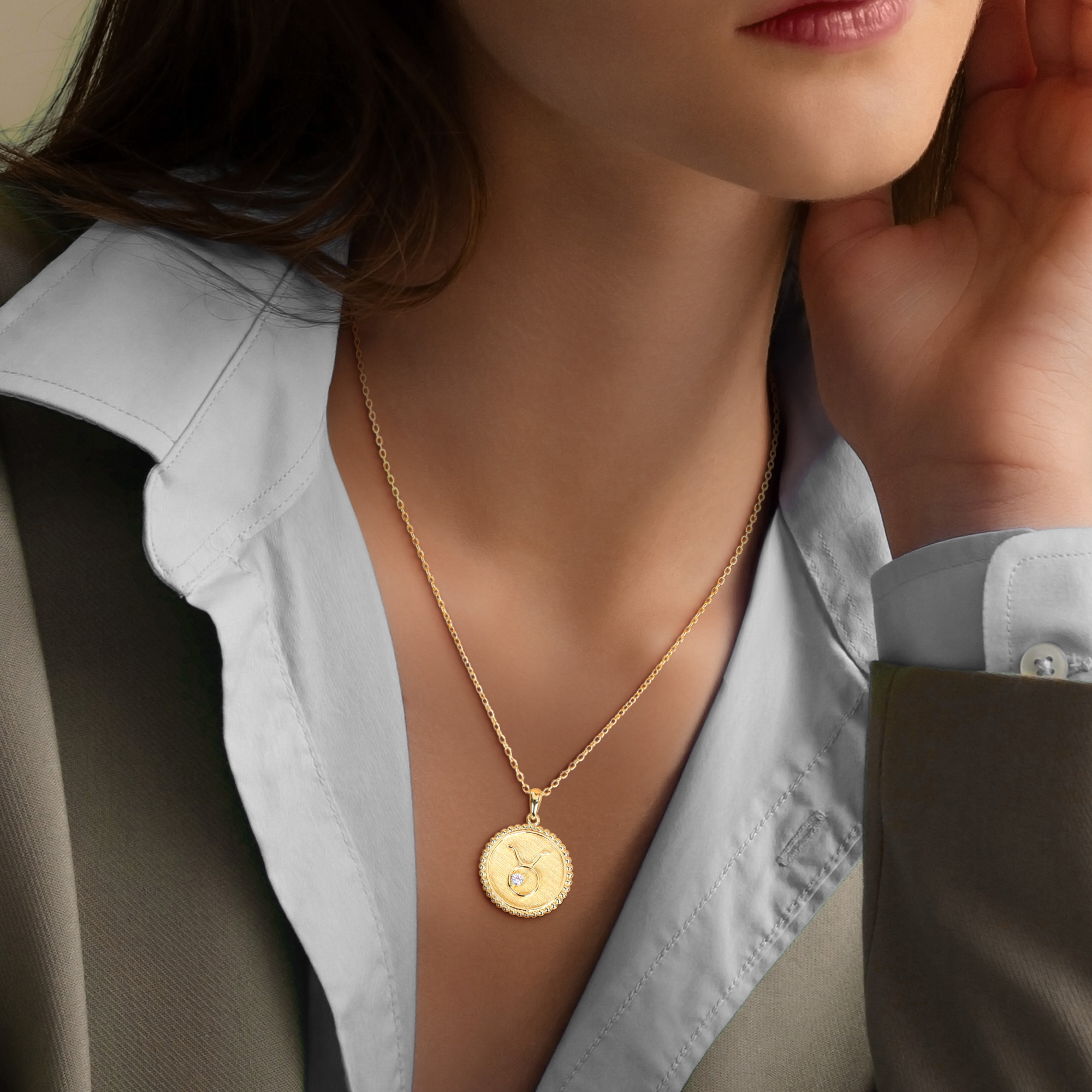 1/6ct TGW Created White Sapphire Taurus Zodiac Sign Pendant with Chain in Yellow Plated Sterling Silver - 18 in