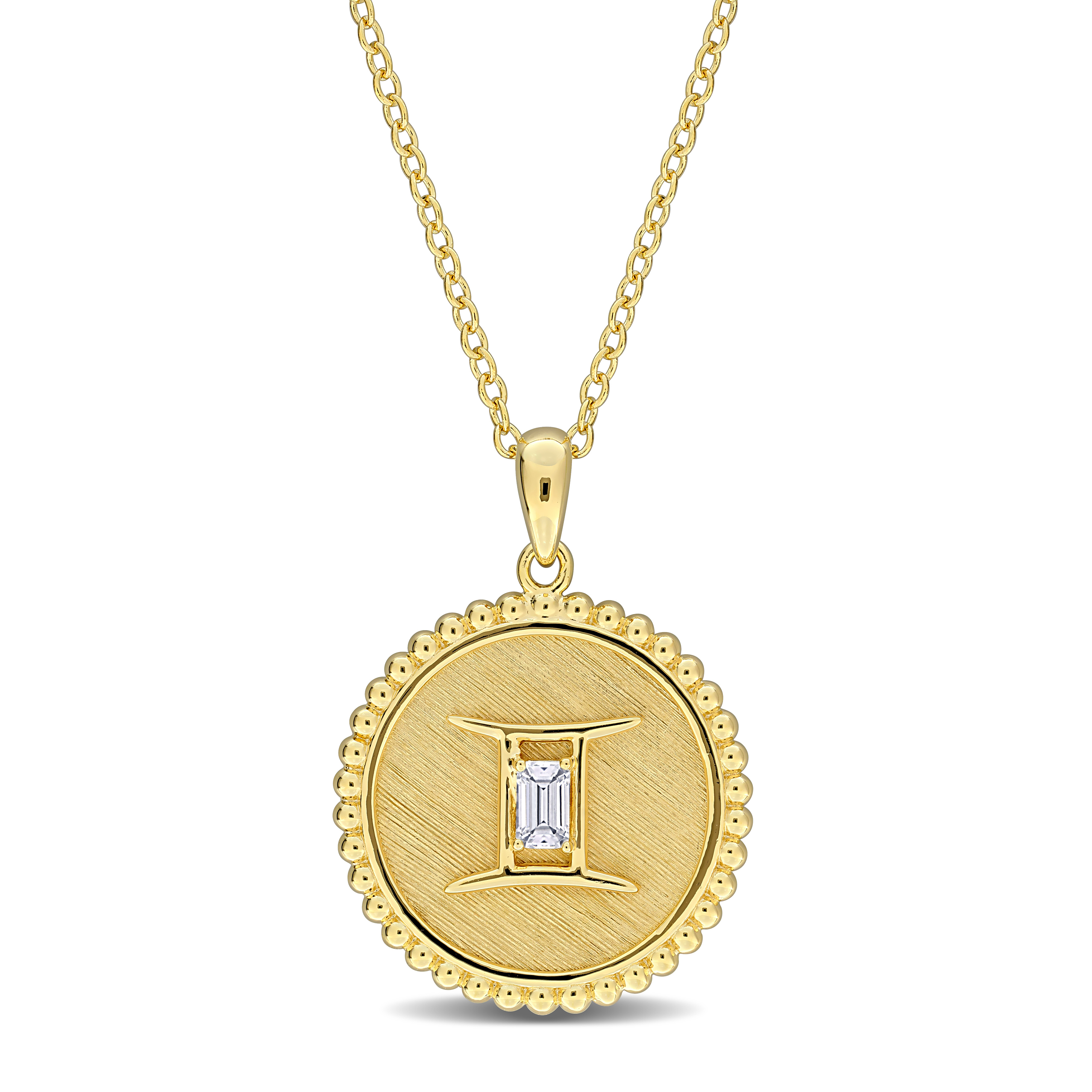 1/6ct TGW Created White Sapphire Gemini Zodiac Sign Pendant with Chain in Yellow Plated Sterling Silver - 18 in
