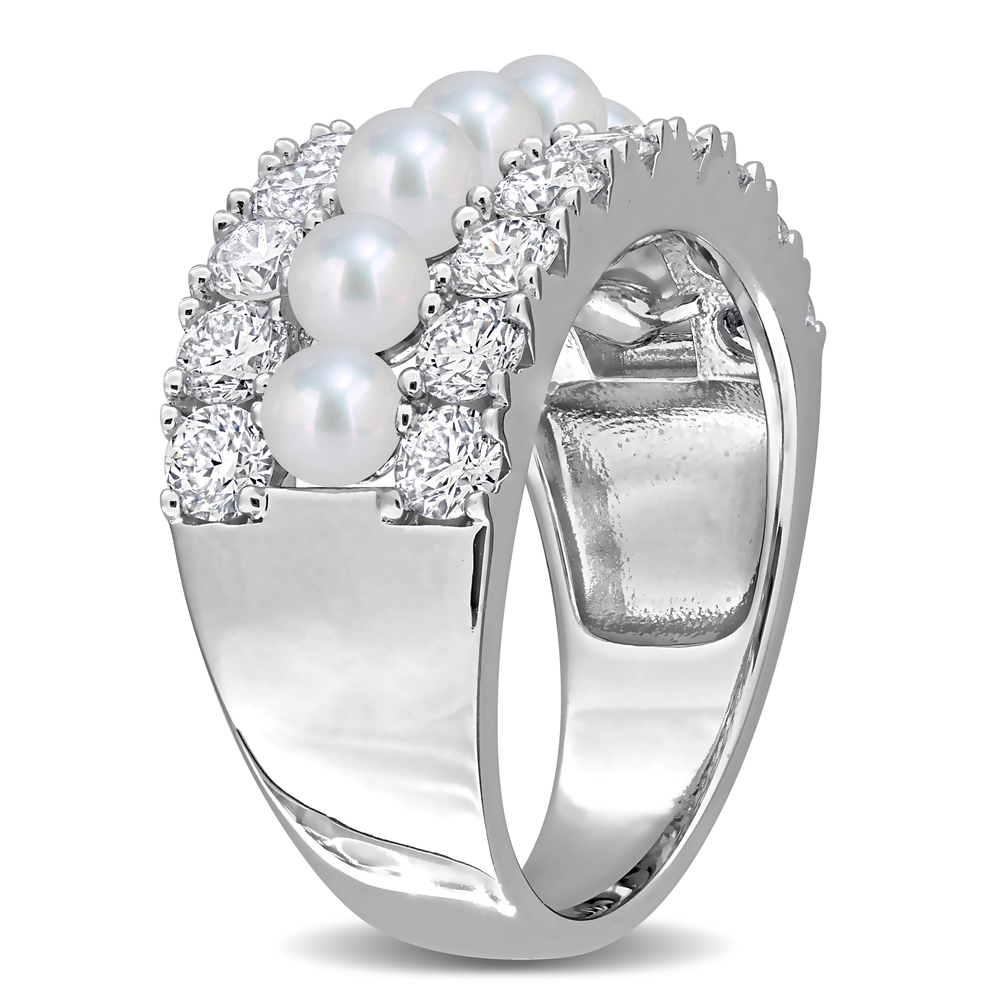 3.5-4mm Cultured Freshwater Pearl and 1 4/5ct TW Lab-Grown Diamond Multi-Row Band in Sterling Silver