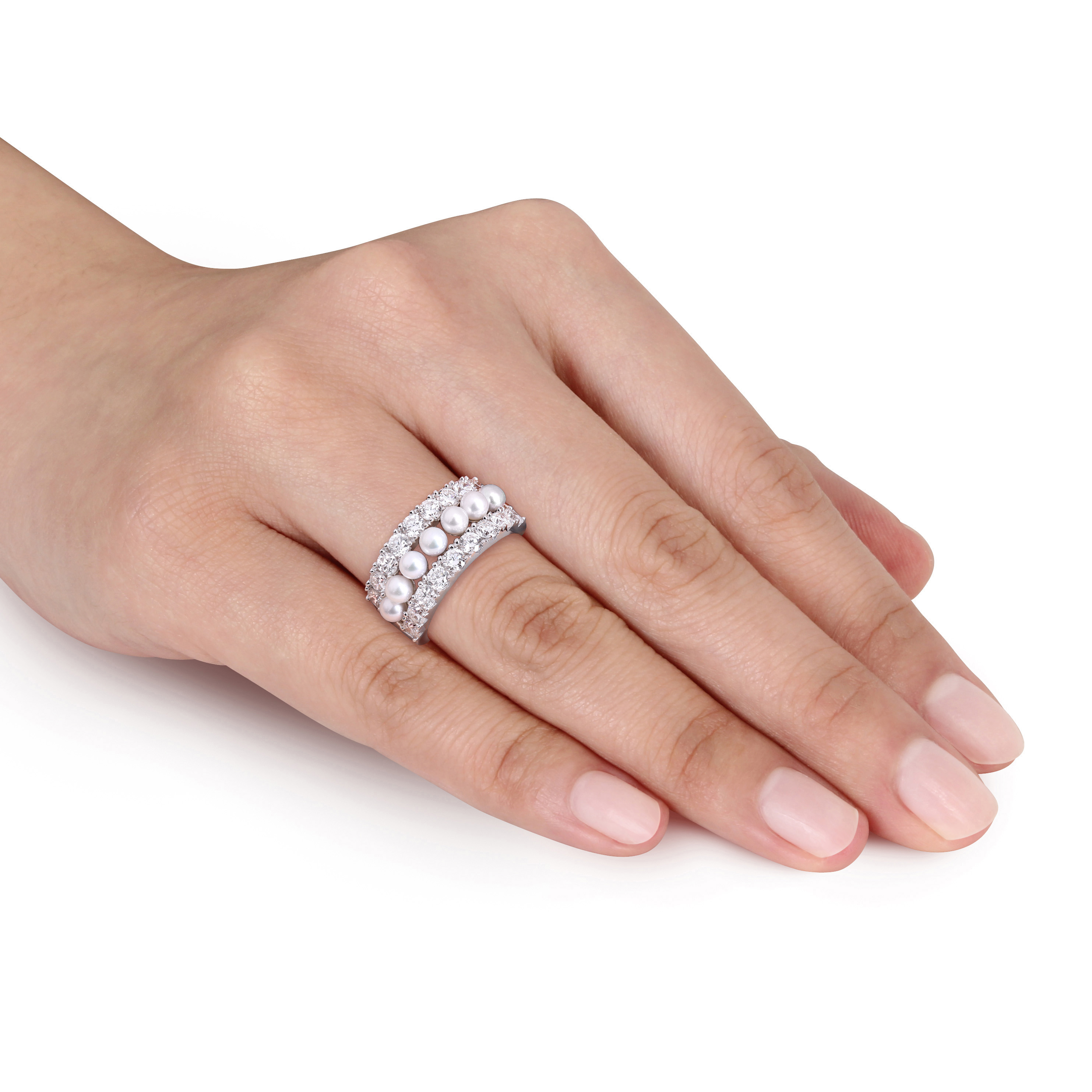 3.5-4mm Cultured Freshwater Pearl and 1 4/5ct TW Lab-Grown Diamond Multi-Row Band in Sterling Silver