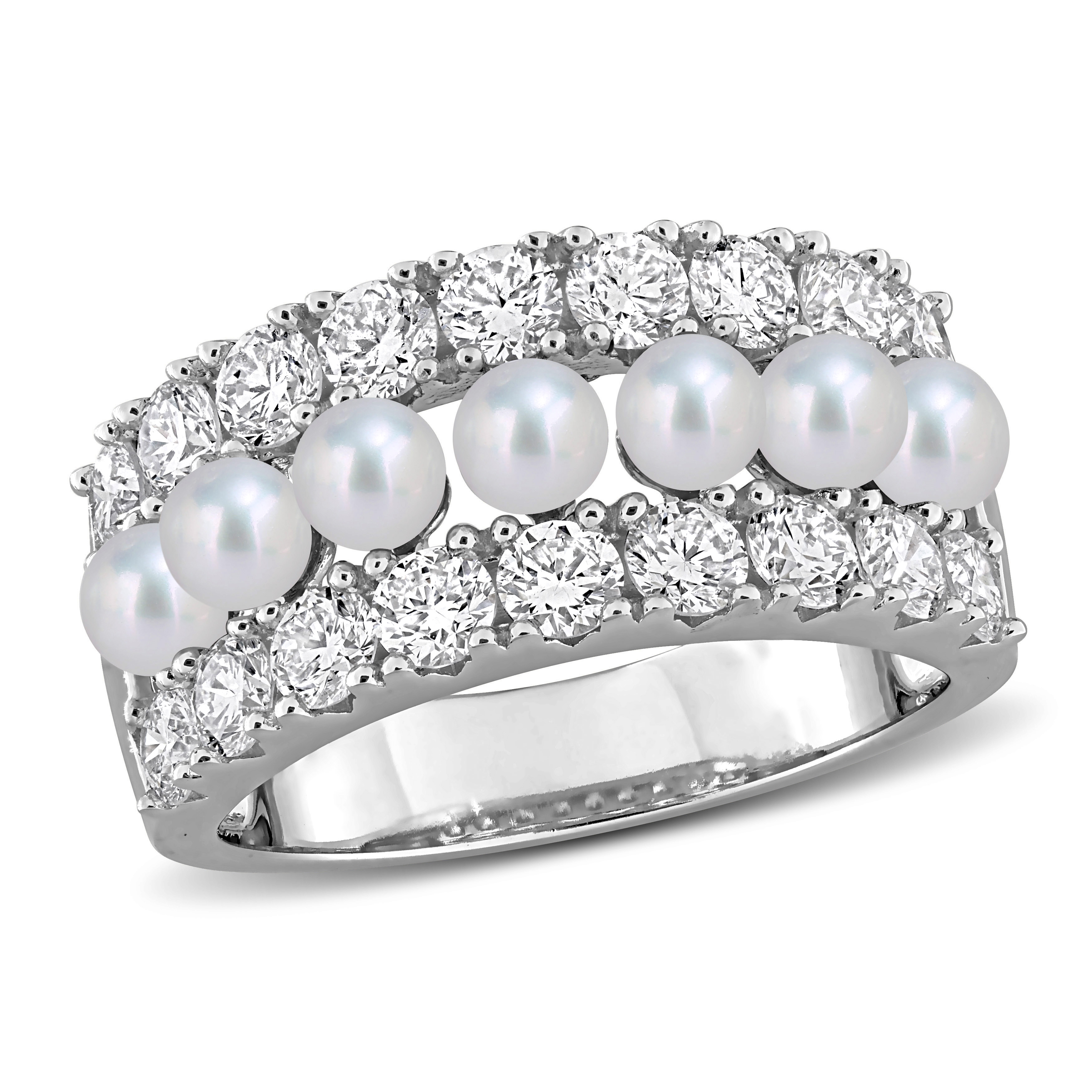 3.5-4mm Cultured Freshwater Pearl and 1 4/5ct TW Lab-Grown Diamond Multi-Row Band in Sterling Silver