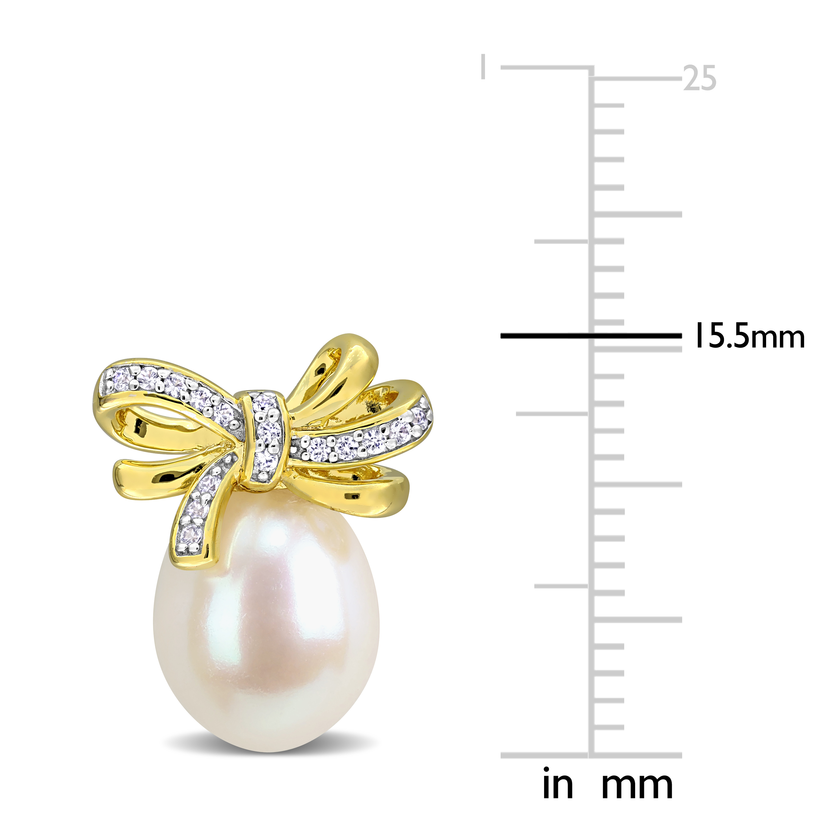 9.5-10mm Cultured Freshwater Pearl and 1/3ct TGW Created White Sapphire Bow Drop Earrings in Yellow Plated Sterling Silver