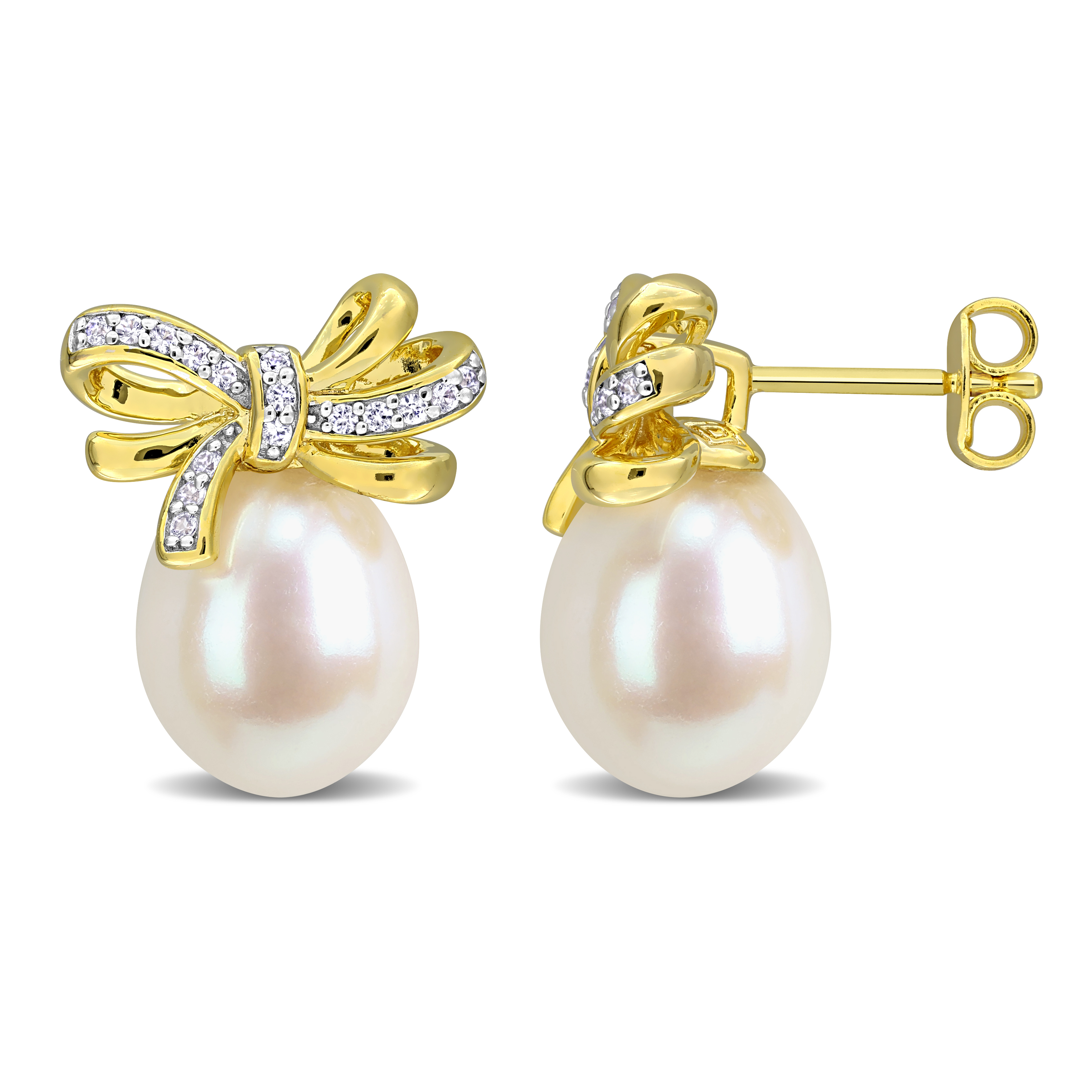 9.5-10mm Cultured Freshwater Pearl and 1/3ct TGW Created White Sapphire Bow Drop Earrings in Yellow Plated Sterling Silver
