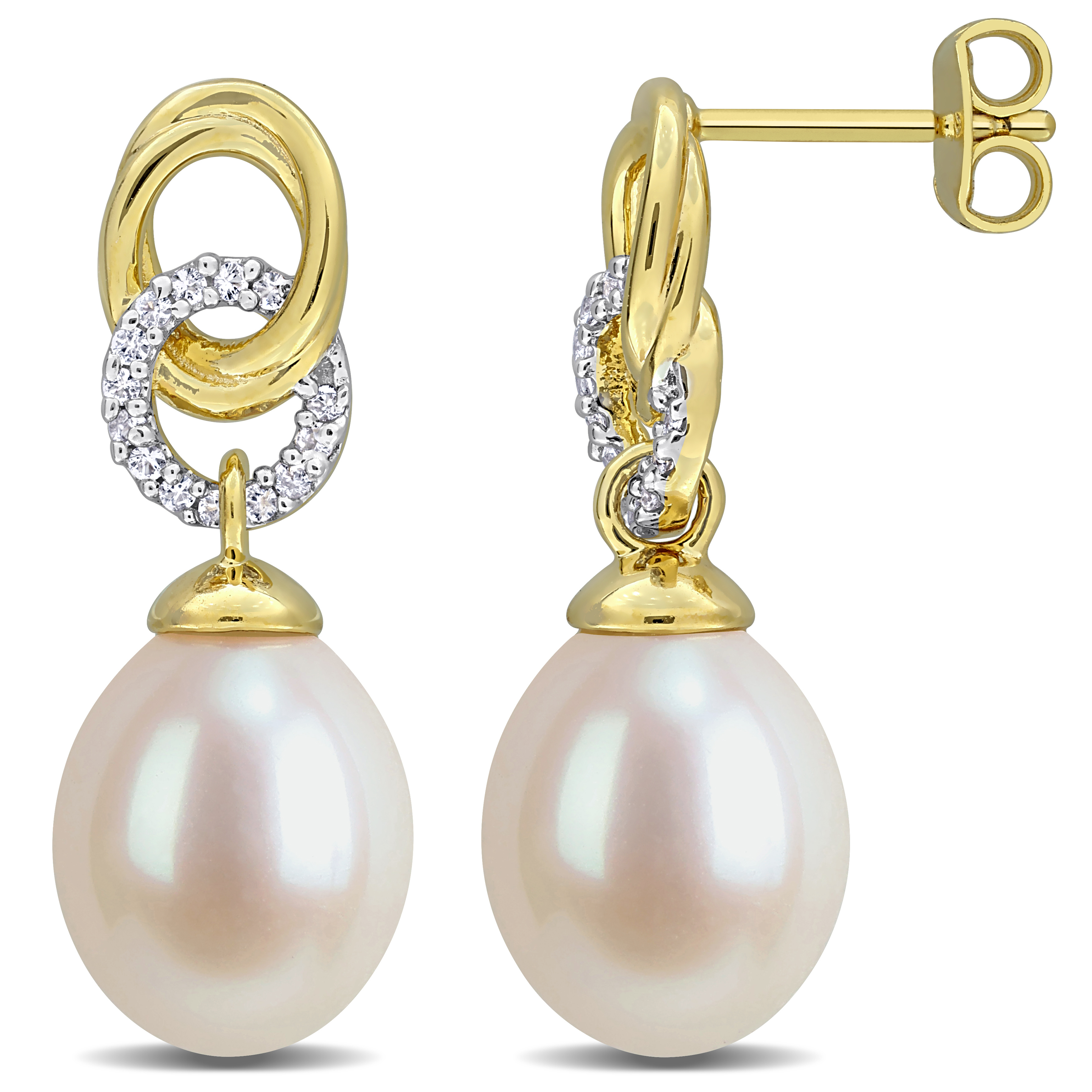 9-10mm Cultured Freshwater Pearl and 1/3ct TGW Created White Sapphire Link Drop Earrings in Two-Tone Sterling Silver