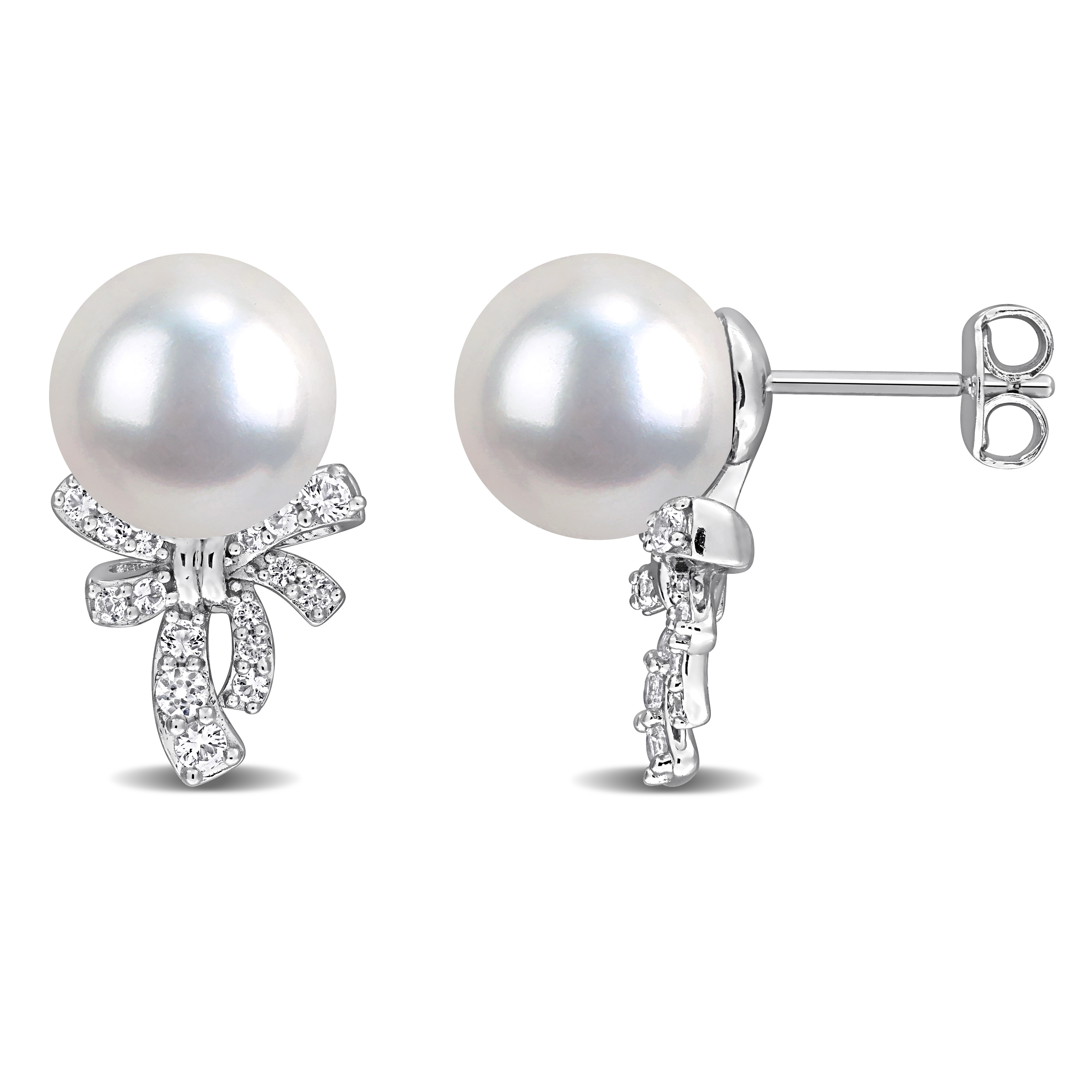 9.5-10mm Cultured Freshwater Pearl and 1/2ct TGW Created White Sapphire Bow Drop Earrings in Sterling Silver