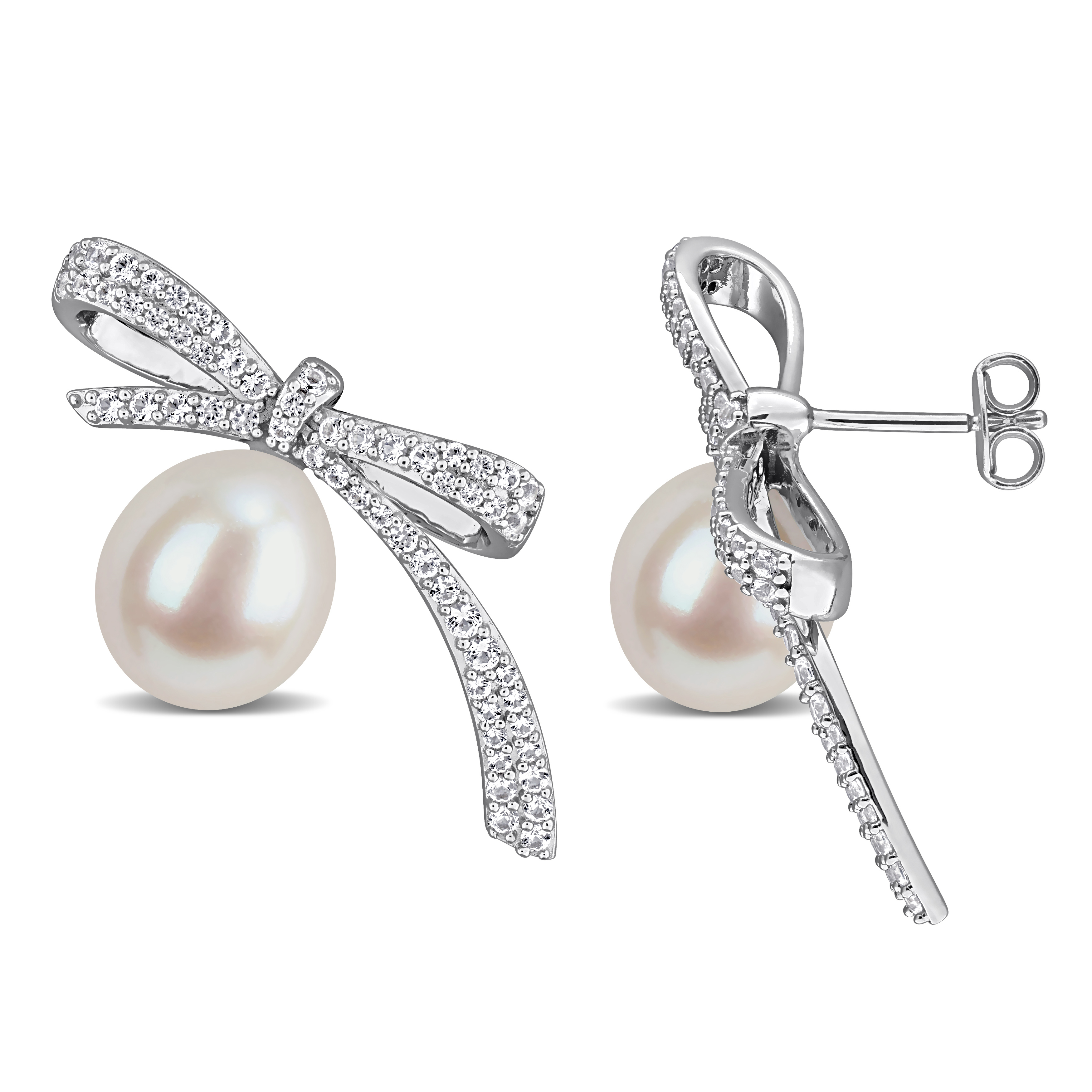 9.5-10mm Cultured Freshwater Pearl and 1 1/5ct TGW Created White Sapphire Bow Stud Earrings in Sterling Silver