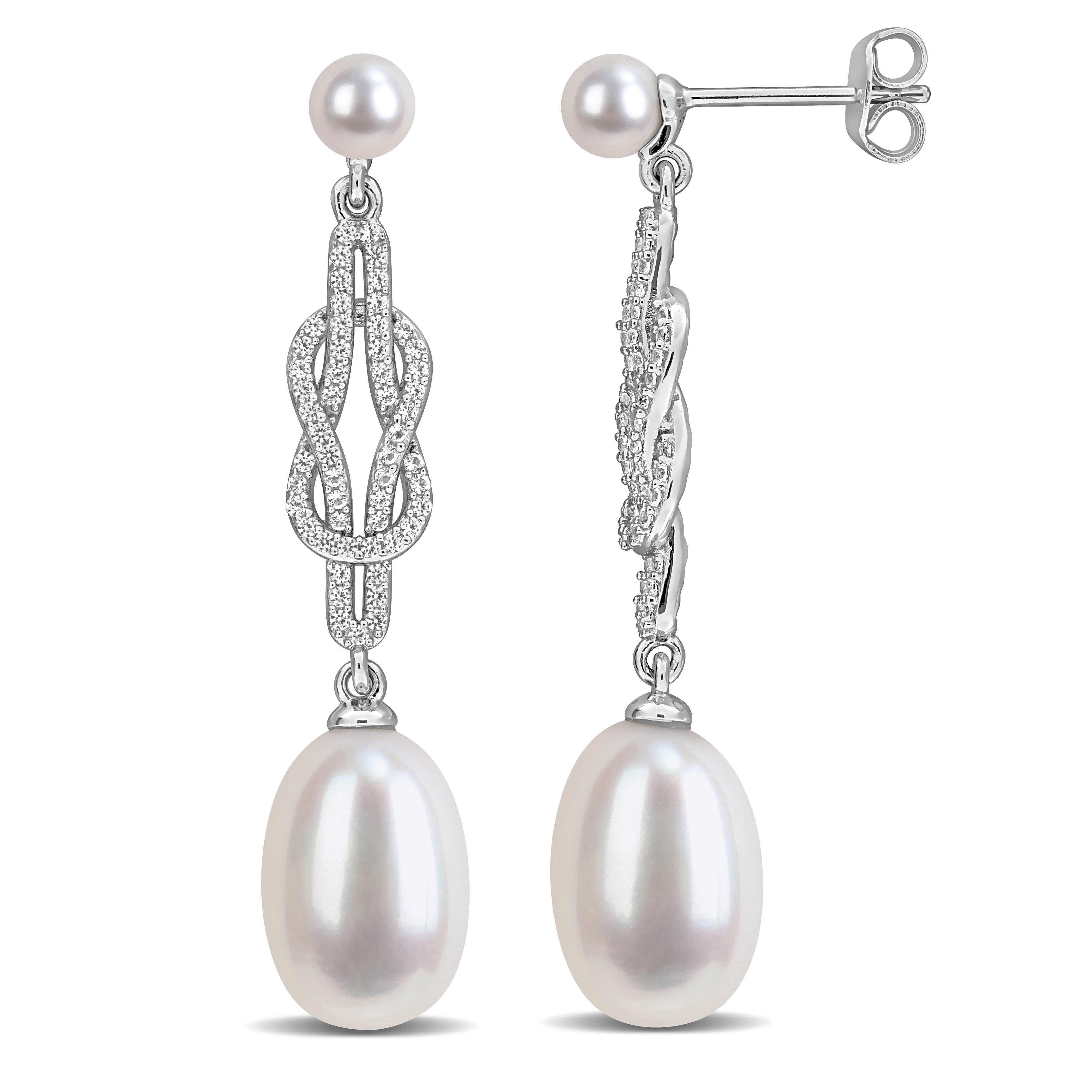 4-9.5mm Cultured Freshwater Pearl and 1 1/10ct TGW Created White Sapphire Knot Drop Earrings in Sterling Silver