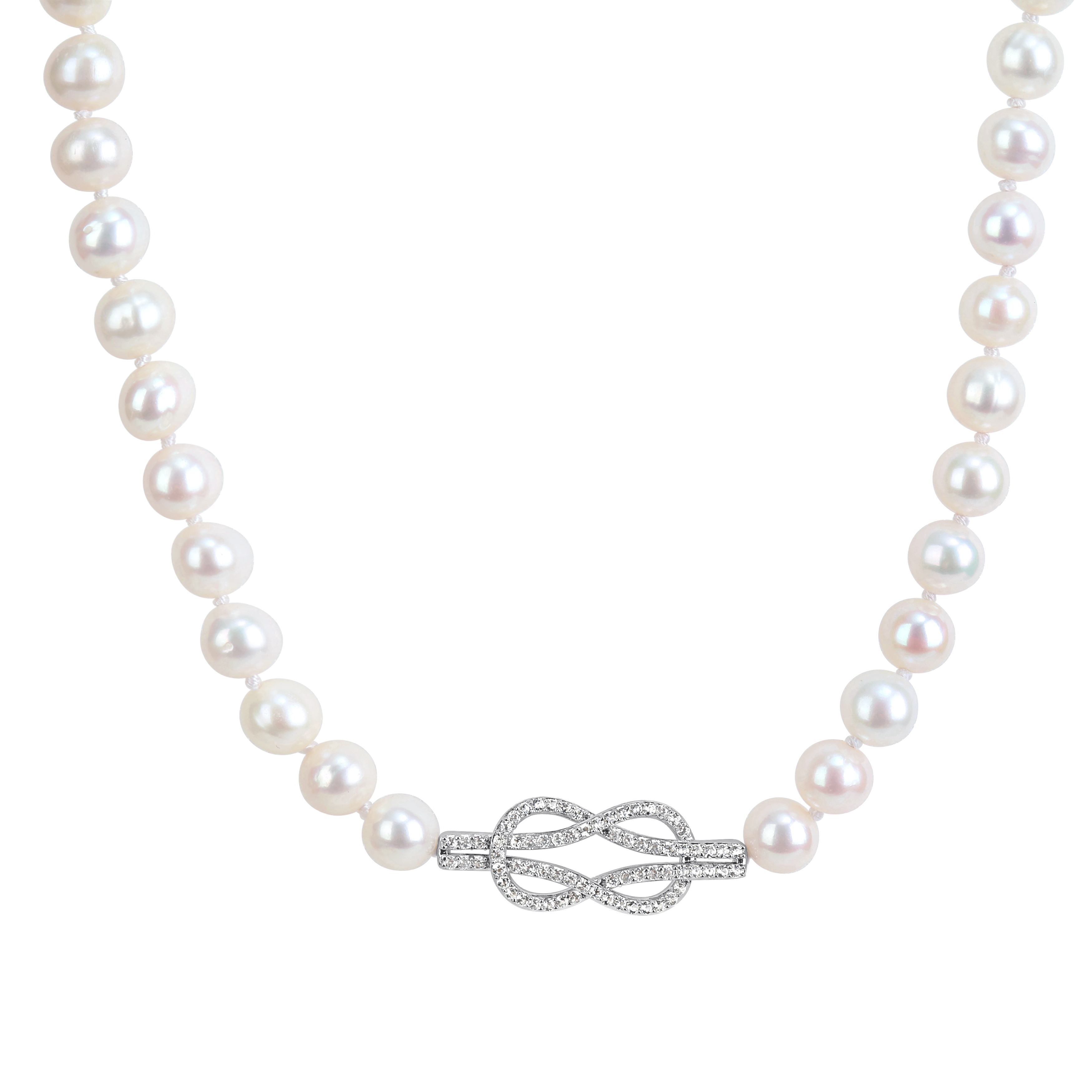 7-7.5mm Cultured Freshwater Pearl and 3/4ct TGW Created White Sapphire Knot Necklace in Sterling Silver - 17 in
