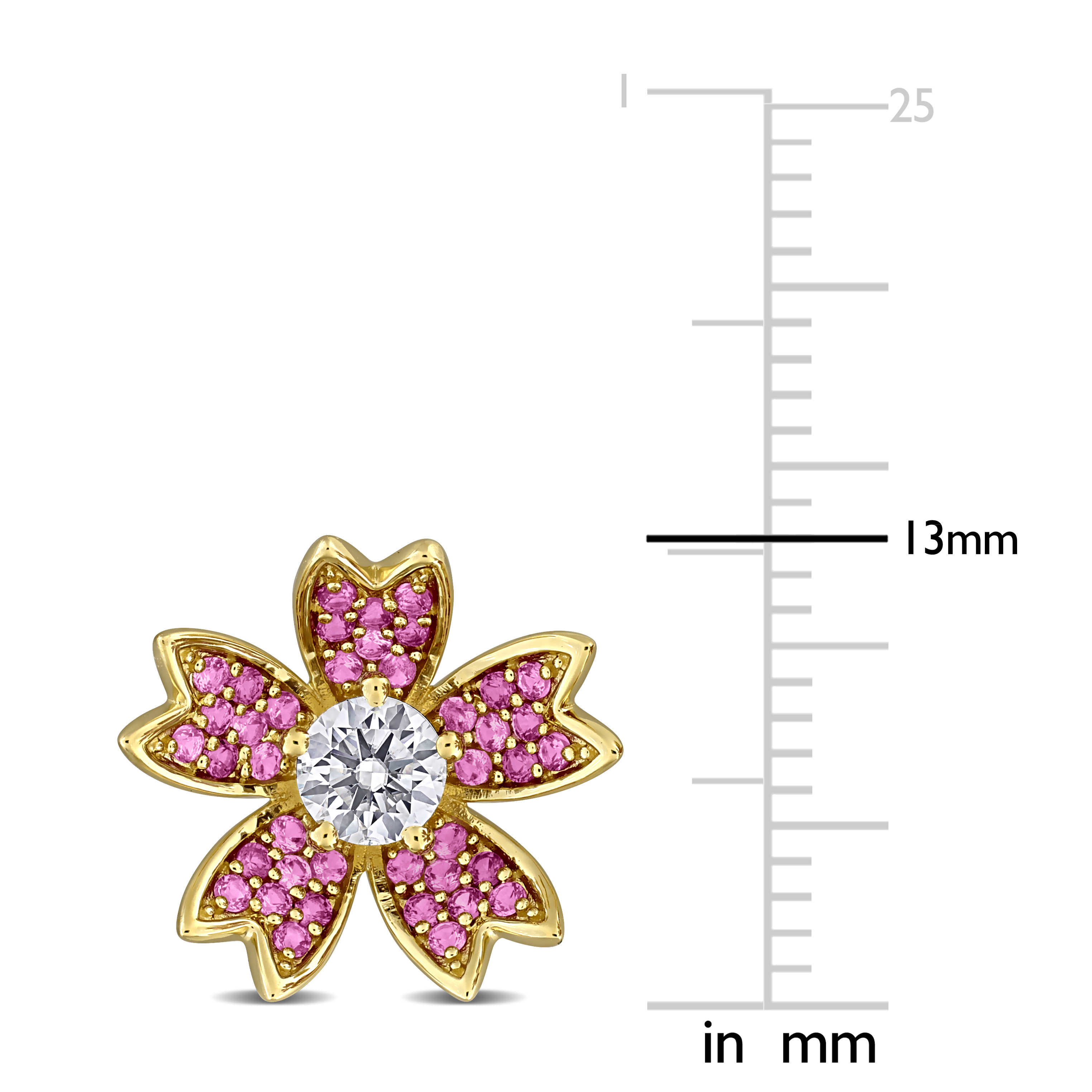 4/5ct TGW Created Pink Sapphire and 1/2ct TW Lab-Grown Diamond Flower Stud Earrings in 14k Yellow Gold