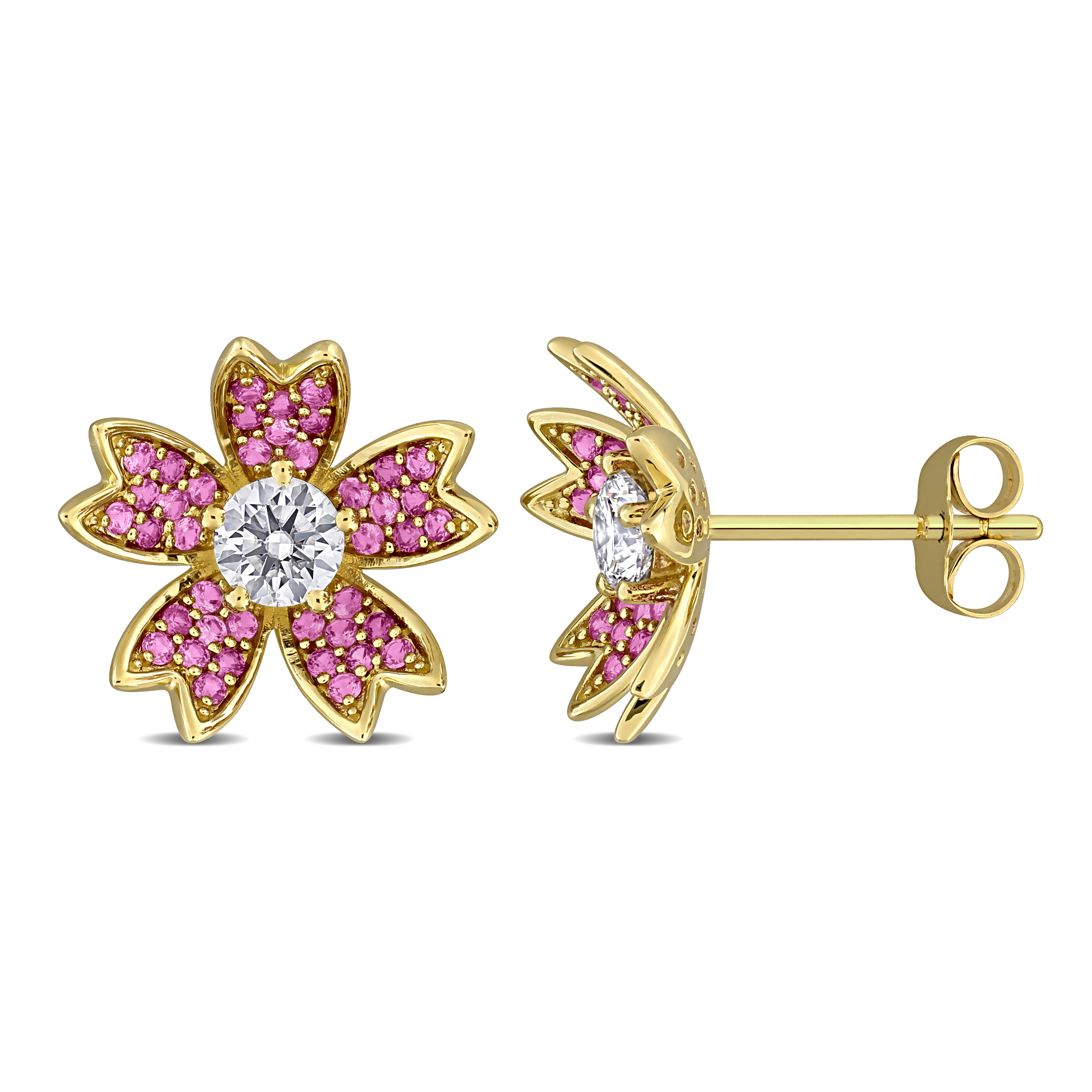 4/5ct TGW Created Pink Sapphire and 1/2ct TW Lab-Grown Diamond Flower Stud Earrings in 14k Yellow Gold