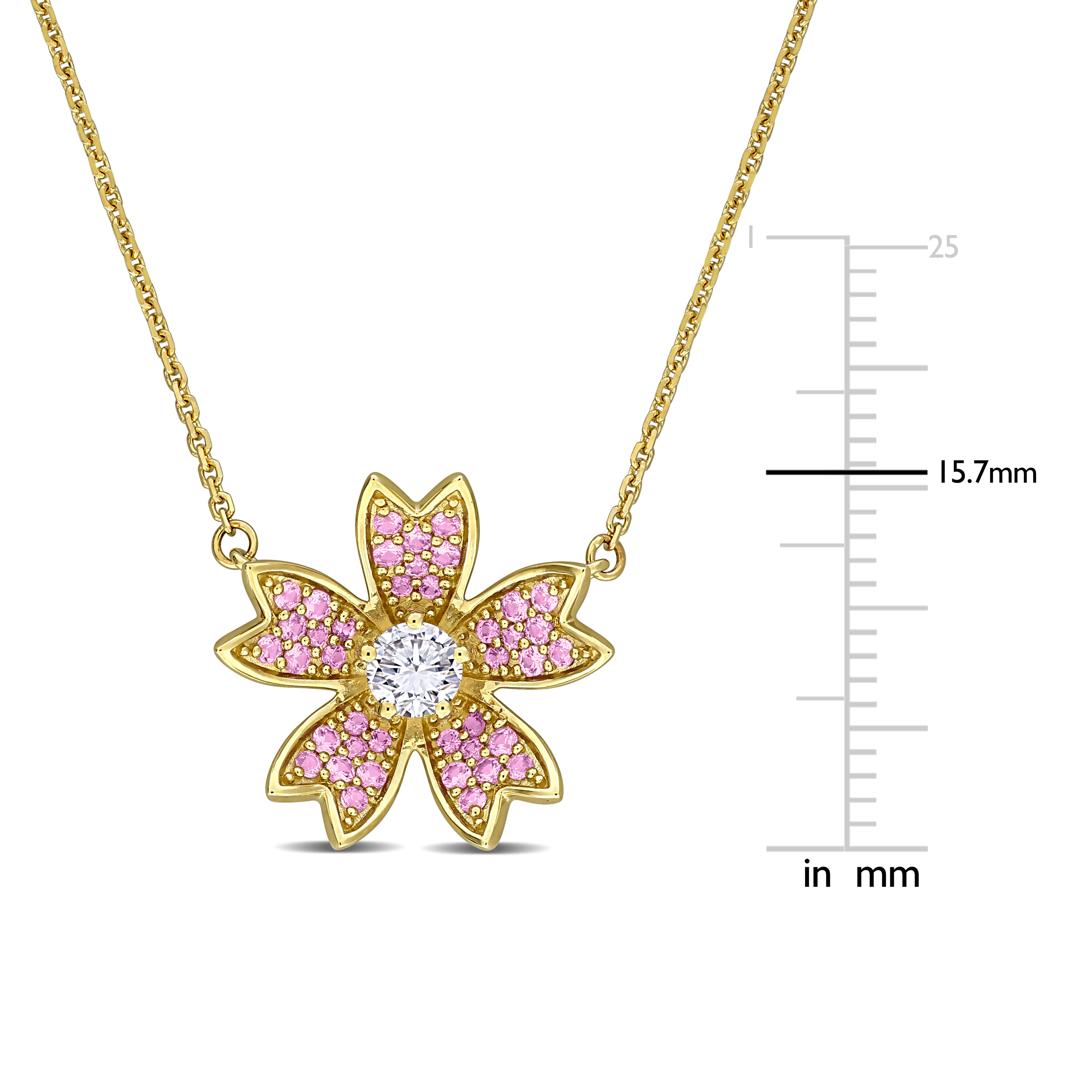 2/5ct TGW Created Pink Sapphire and 1/4ct TW Lab-Grown Diamond Flower Necklace in 14k Yellow Gold