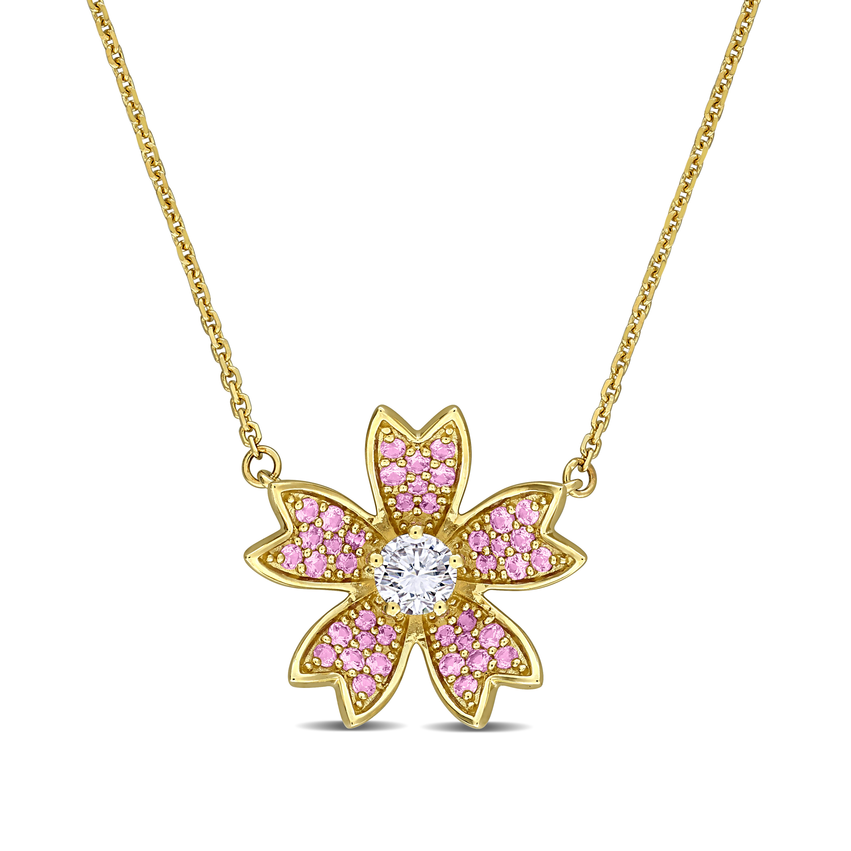 2/5ct TGW Created Pink Sapphire and 1/4ct TW Lab-Grown Diamond Flower Necklace in 14k Yellow Gold