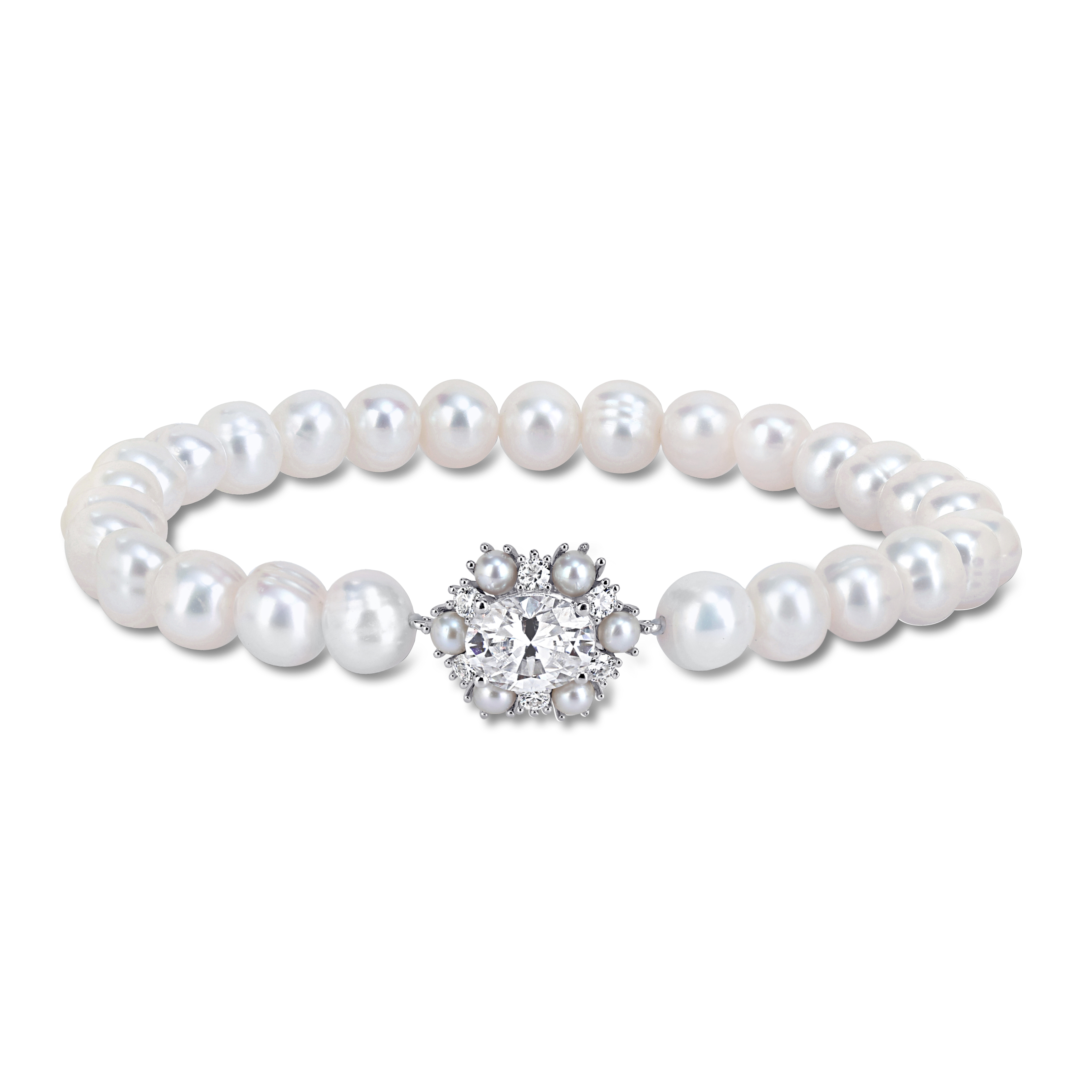 3-7mm Cultured Freshwater Pearl and 2 1/4ct DEW Created Moissanite Bracelet in Sterling Silver - 7.5 in