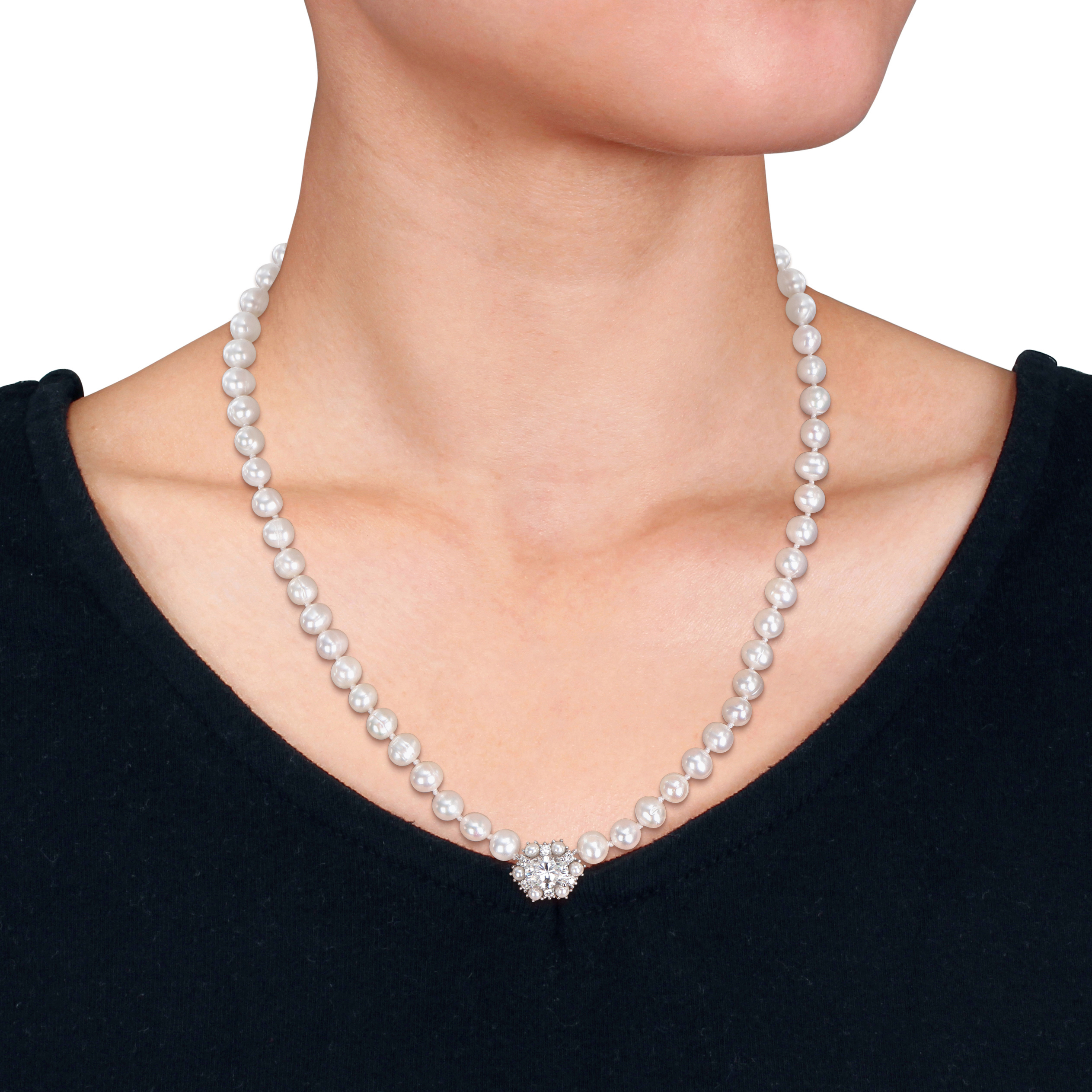 3-7mm Cultured Freshwater Pearl and 2 1/4ct DEW Created Moissanite Necklace in Sterling Silver - 17 in