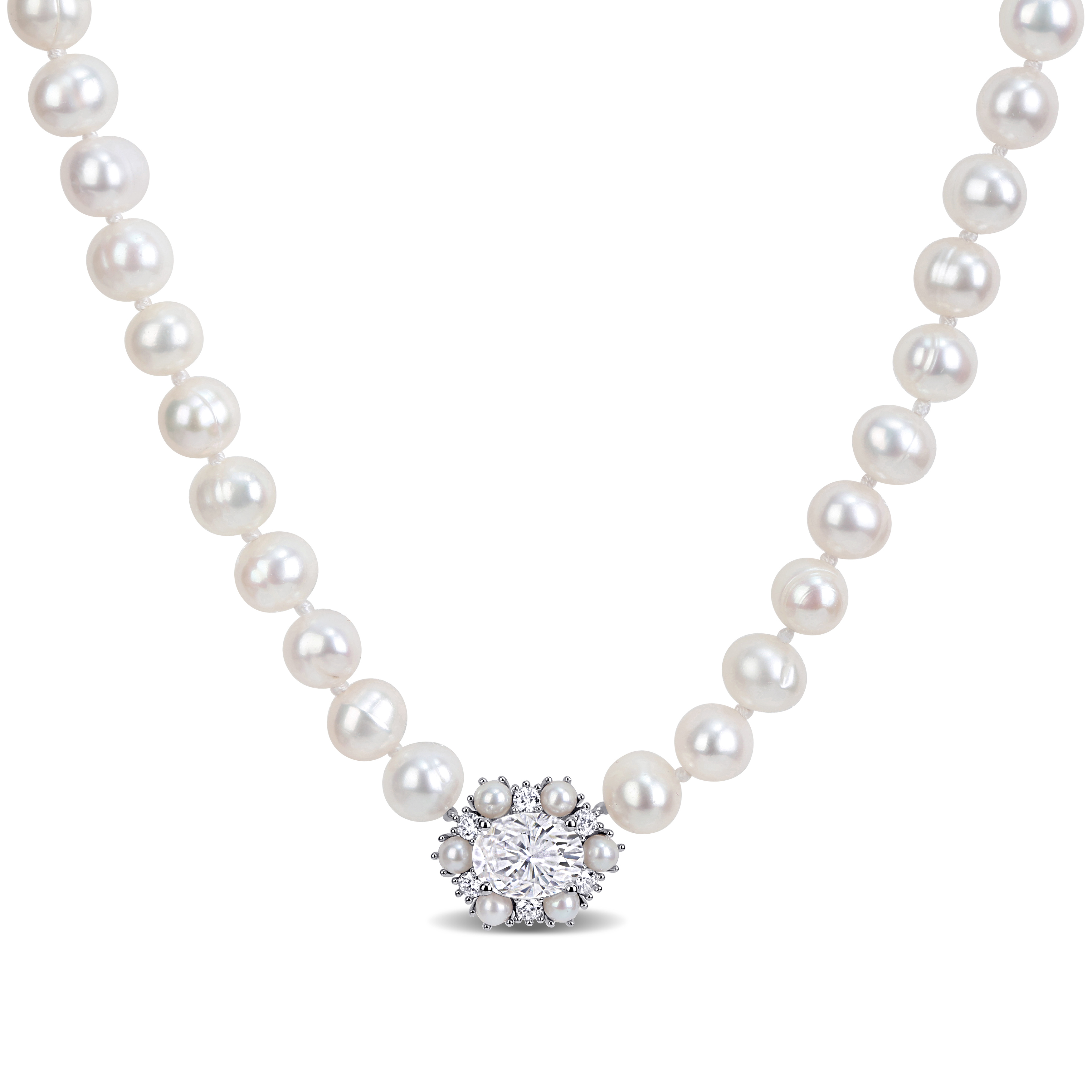 3-7mm Cultured Freshwater Pearl and 2 1/4ct DEW Created Moissanite Necklace in Sterling Silver - 17 in