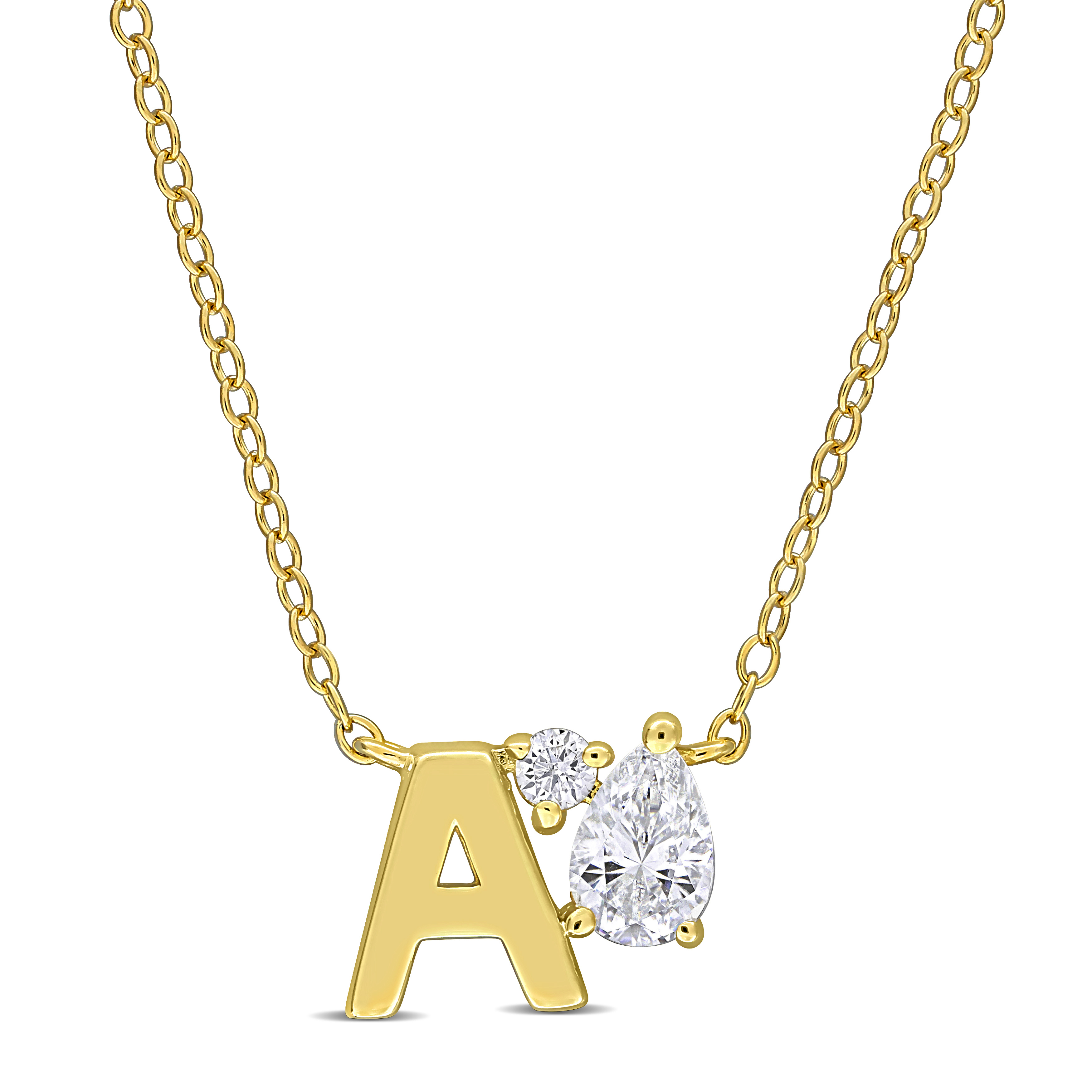 3/4ct TGW Created White Sapphire A Initial Necklace in Yellow Plated Sterling Silver - 17 in