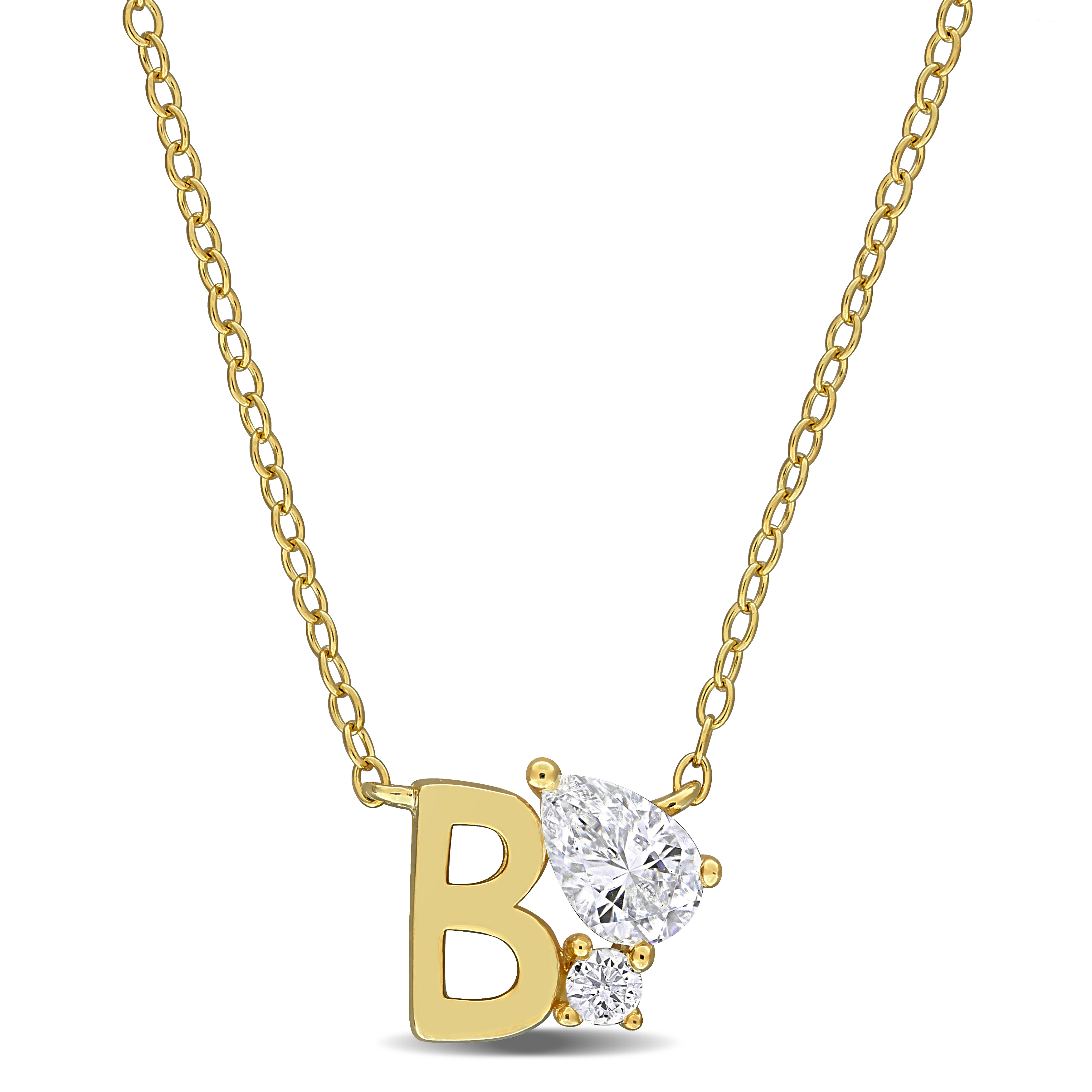 3/4ct TGW Created White Sapphire B Initial Necklace in Yellow Plated Sterling Silver - 17 in