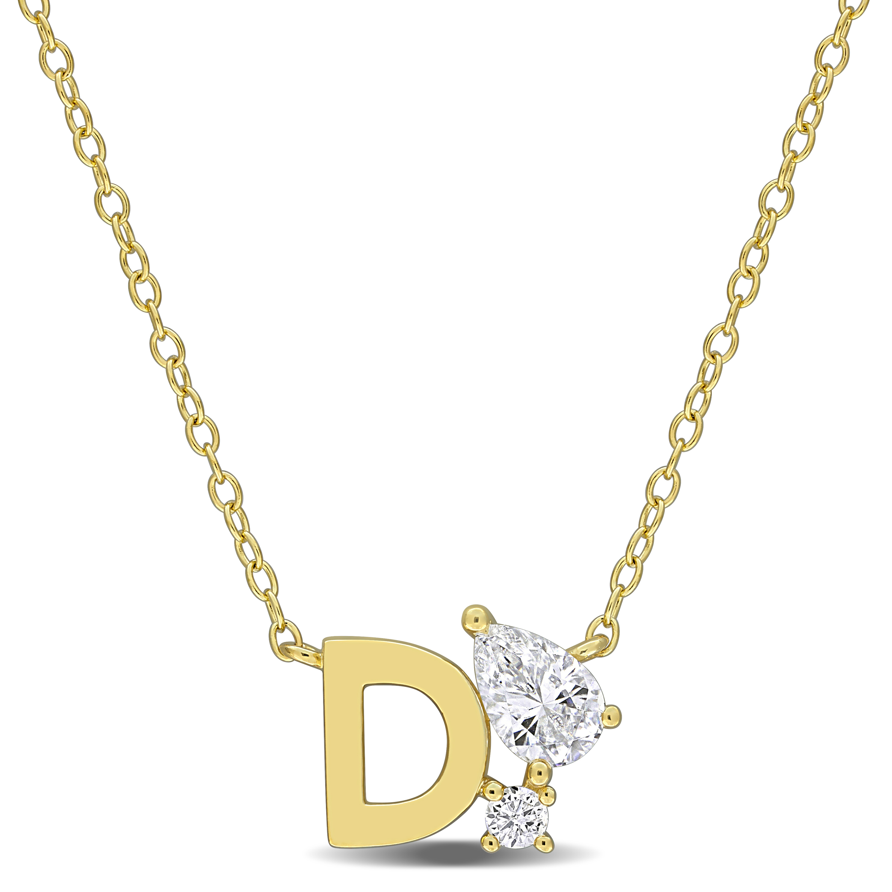 3/4ct TGW Created White Sapphire D Initial Necklace in Yellow Plated Sterling Silver - 17 in