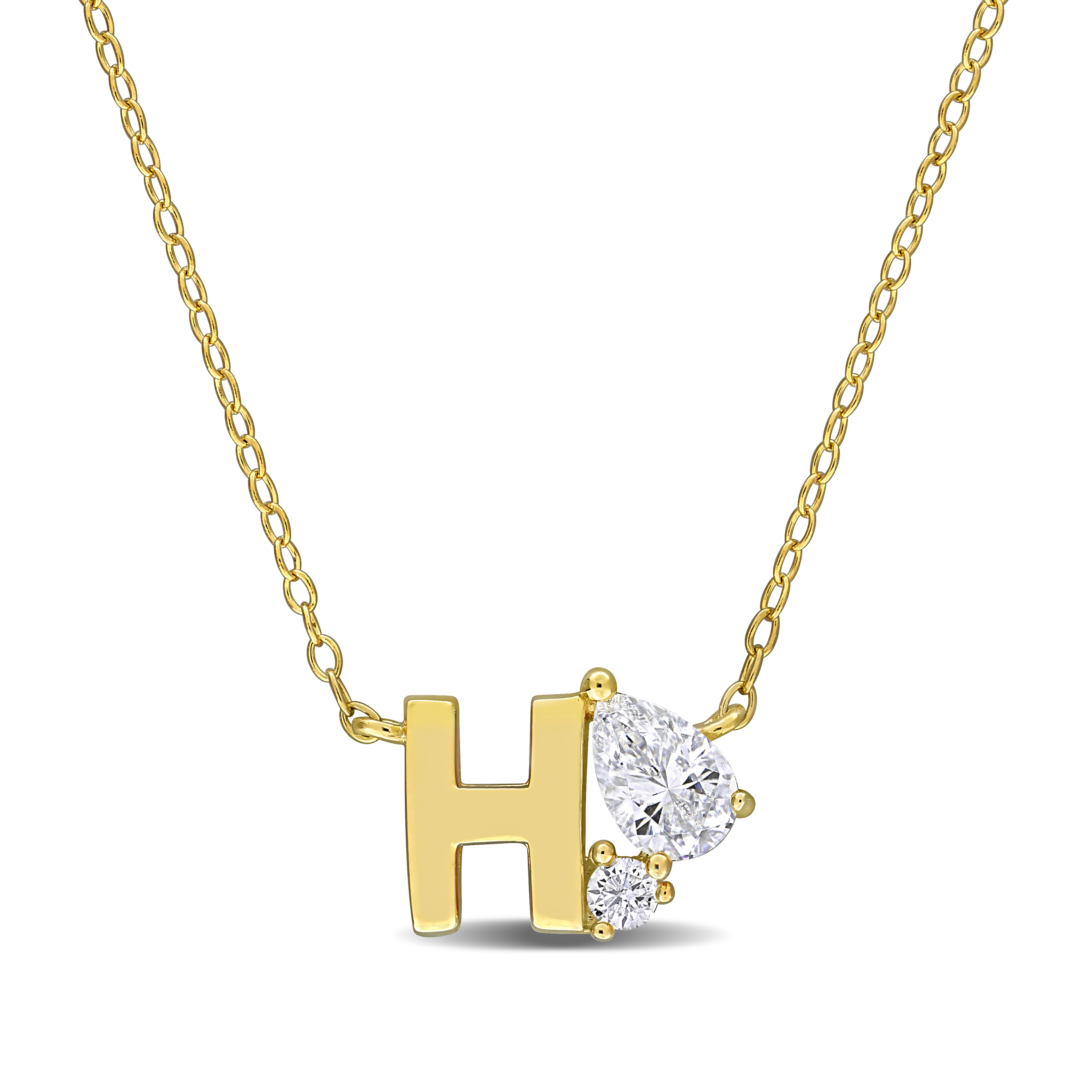 3/4ct TGW Created White Sapphire "H" Initial Necklace in Yellow Plated Sterling Silver - 17 in