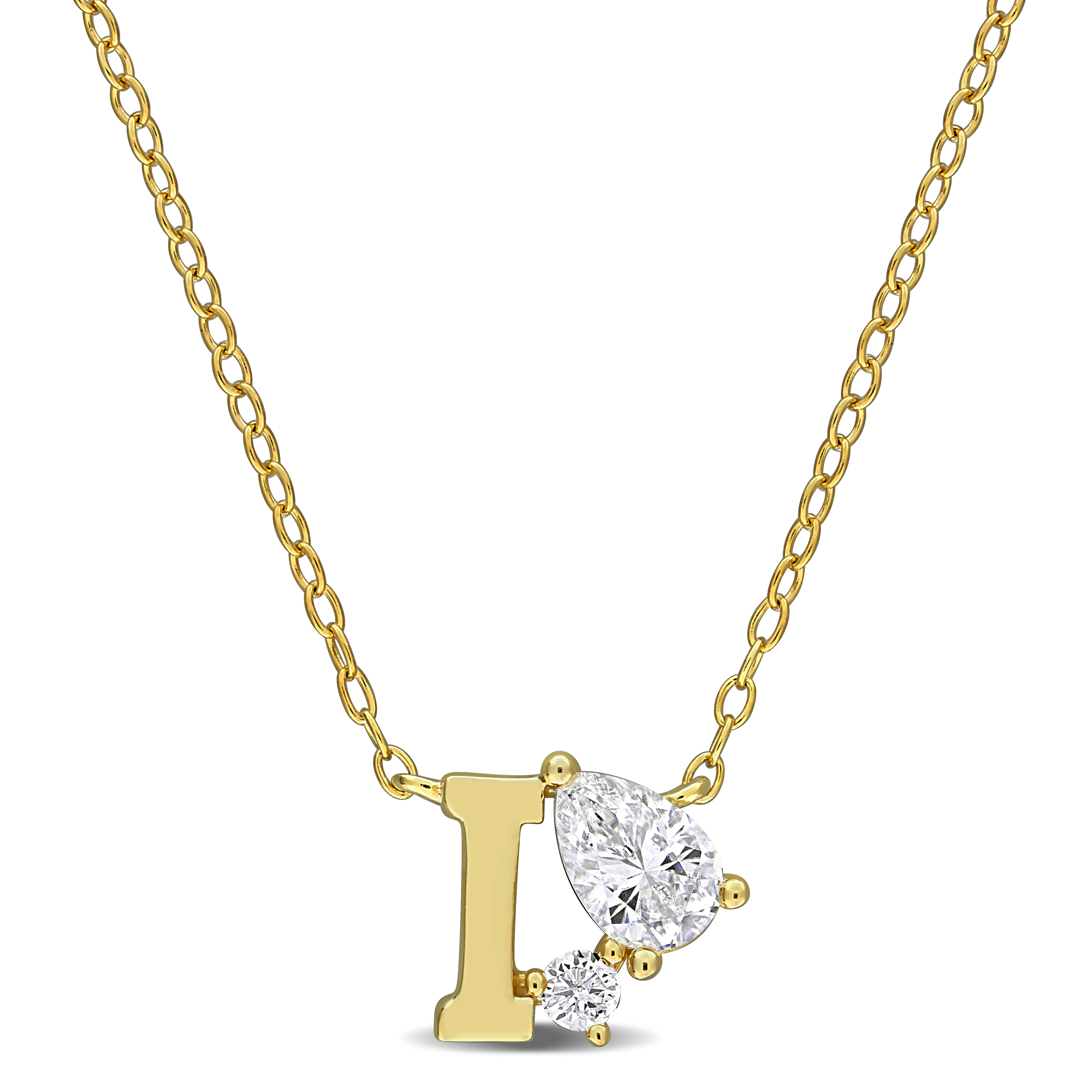 3/4ct TGW Created White Sapphire "I" Initial Necklace in Yellow Plated Sterling Silver - 17 in