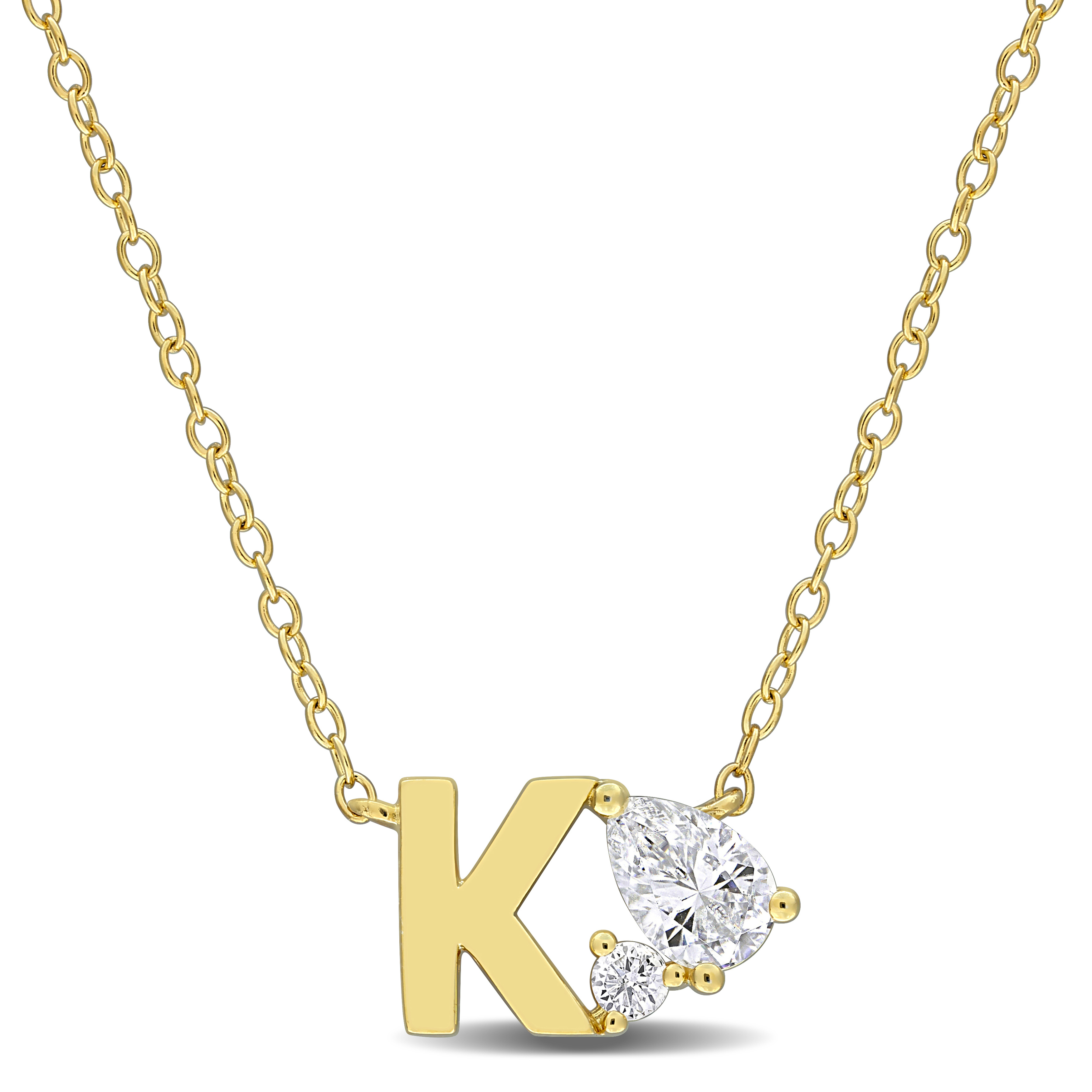 3/4ct TGW Created White Sapphire "K" Initial Necklace in Yellow Plated Sterling Silver - 17 in