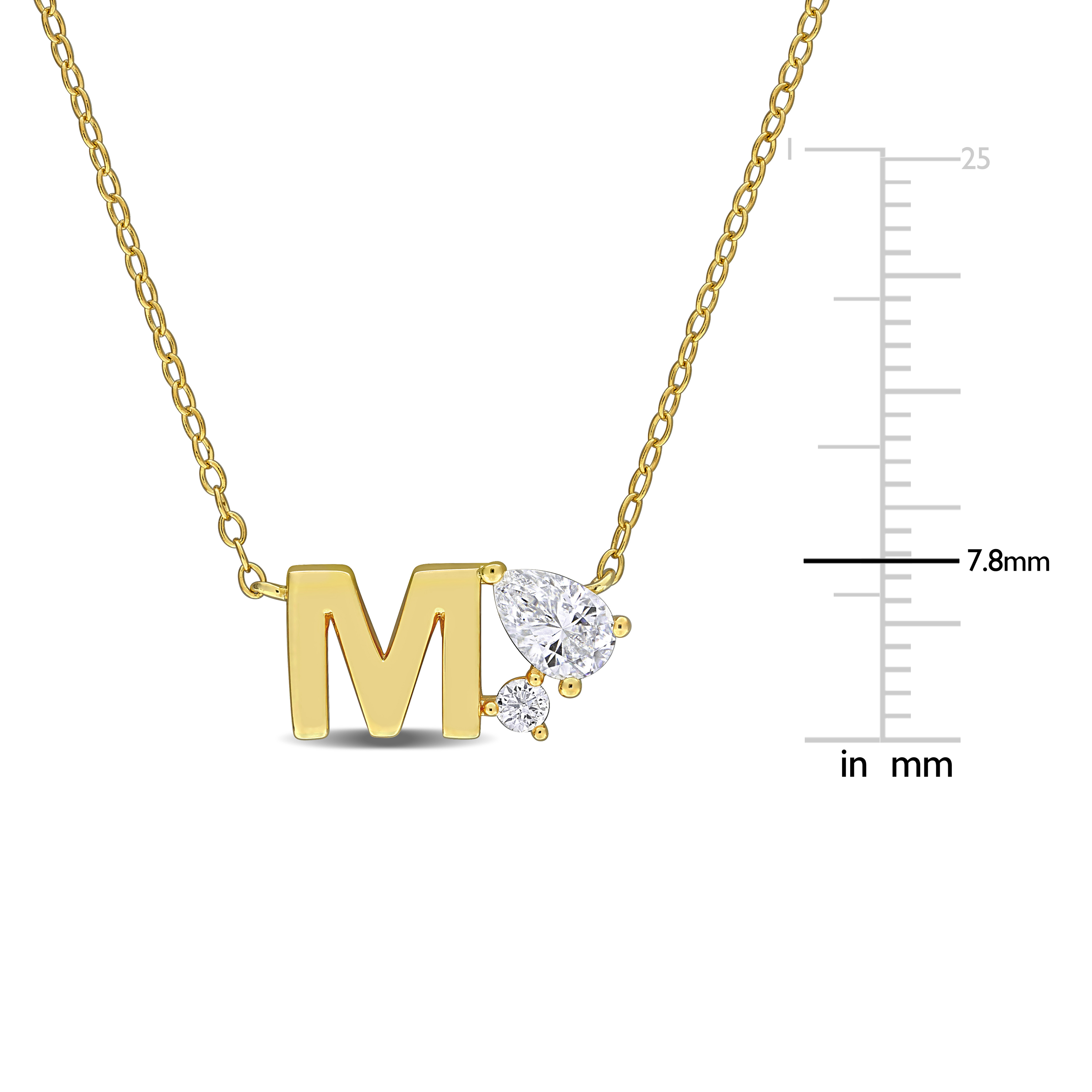 3/4ct TGW Created White Sapphire M Initial Necklace in Yellow Plated Sterling Silver - 17 in