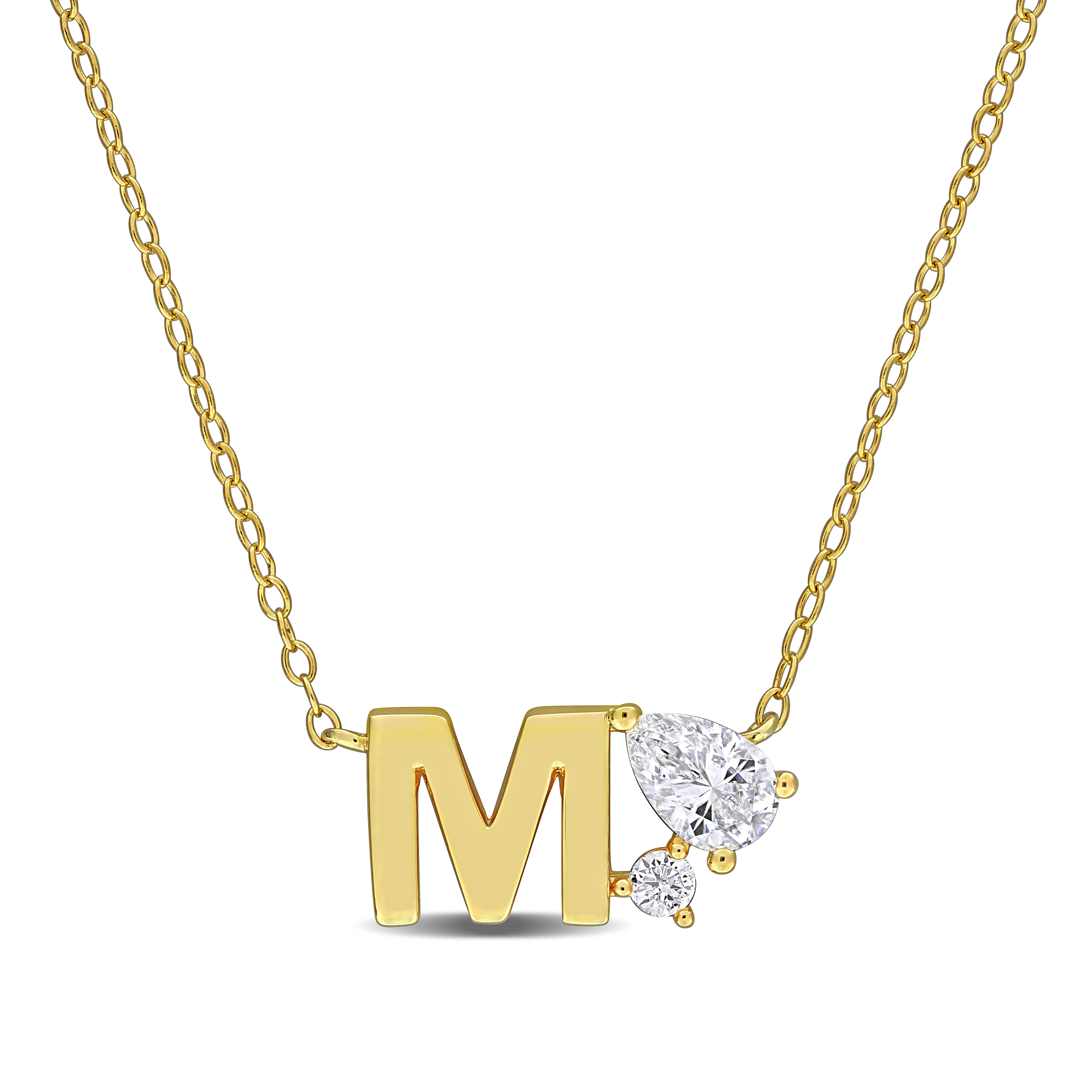 3/4ct TGW Created White Sapphire "M" Initial Necklace in Yellow Plated Sterling Silver - 17 in