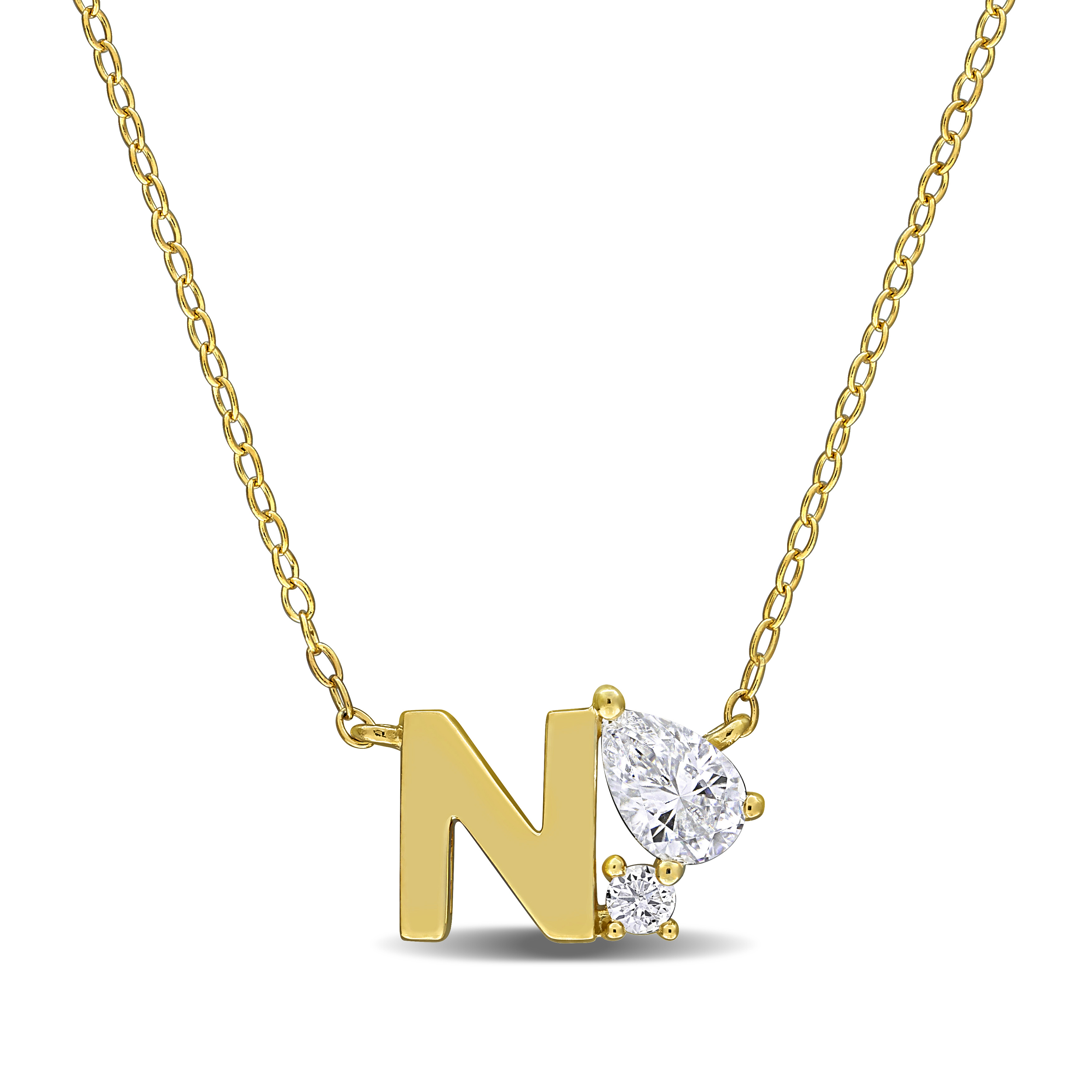 3/4ct TGW Created White Sapphire "N" Initial Necklace in Yellow Plated Sterling Silver - 17 in