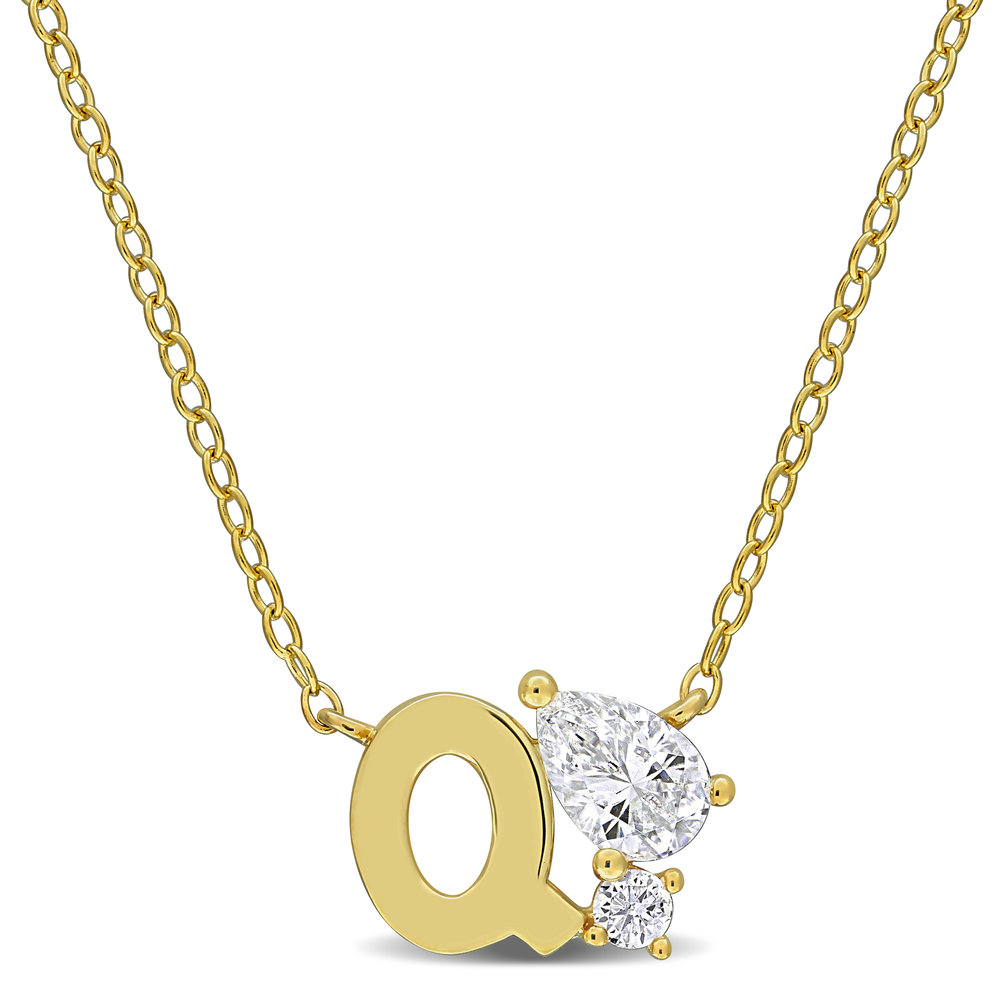 3/4ct TGW Created White Sapphire "Q" Initial Necklace in Yellow Plated Sterling Silver - 17 in