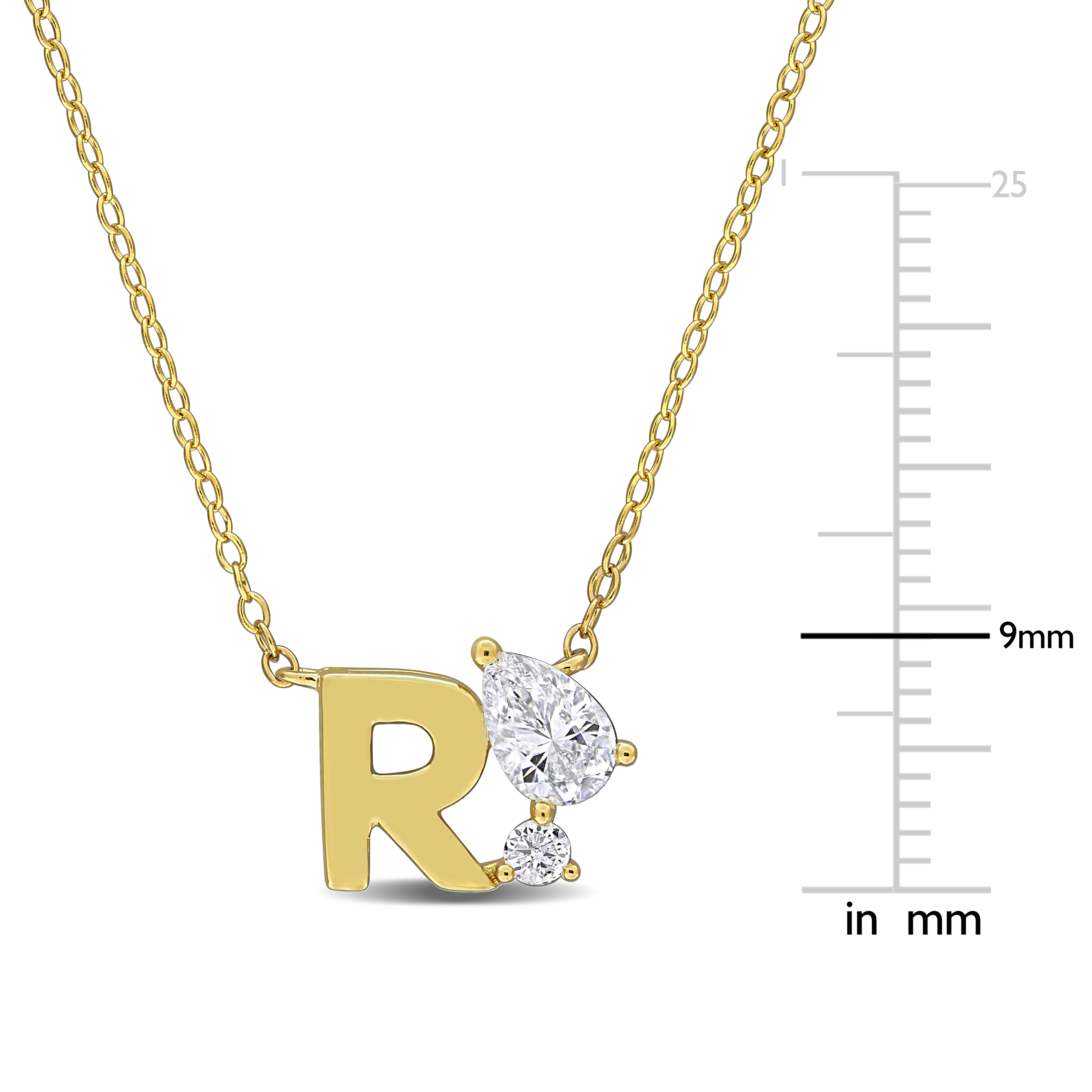 3/4ct TGW Created White Sapphire R Initial Necklace in Yellow Plated Sterling Silver - 17 in