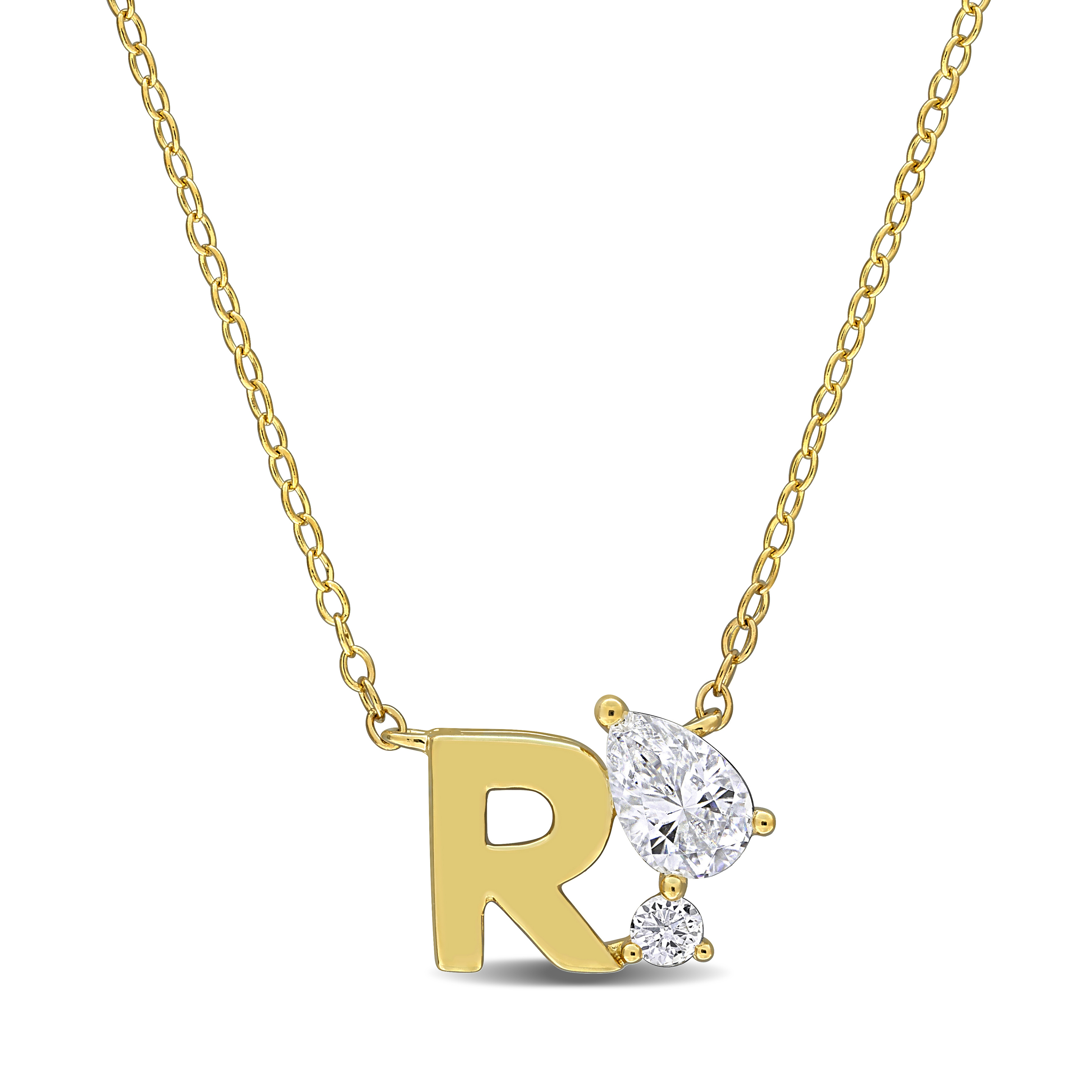 3/4ct TGW Created White Sapphire "R" Initial Necklace in Yellow Plated Sterling Silver - 17 in