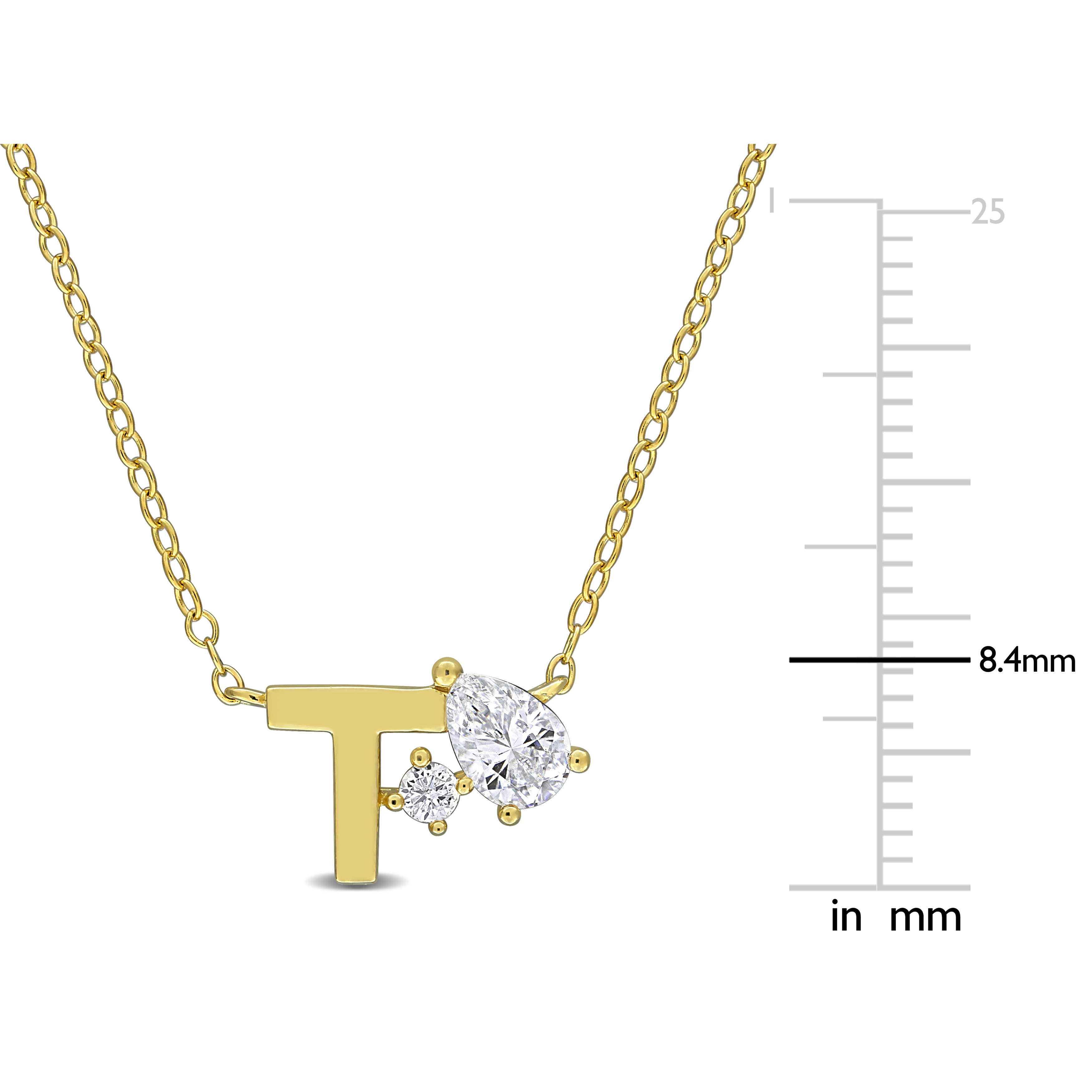 3/4ct TGW Created White Sapphire T Initial Necklace in Yellow Plated Sterling Silver - 17 in